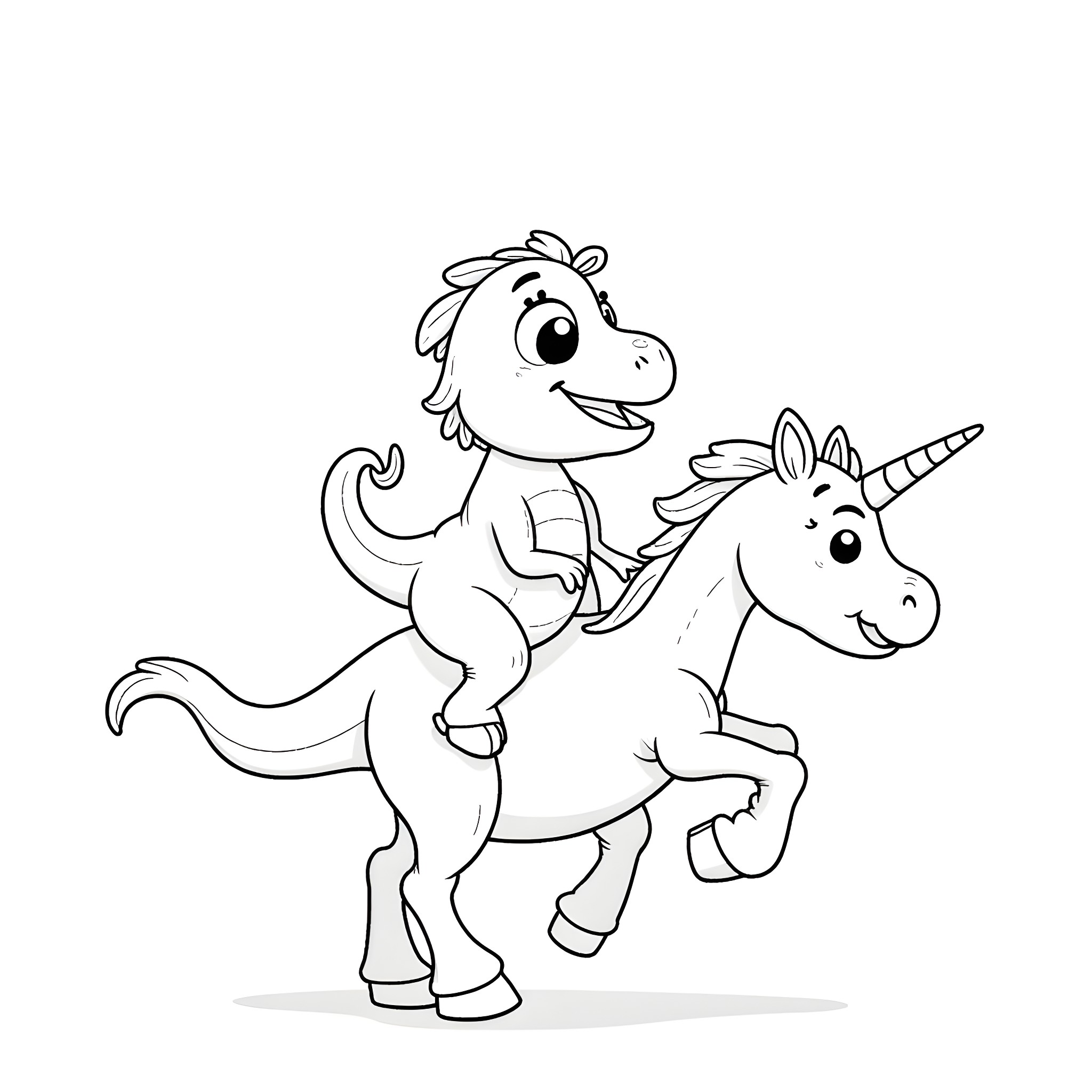 T-Rex riding a unicorn in the park Coloring Page (free black-and-white line drawing printable PDF for all, from beginners to advanced learners, including children, teens, adults, and seniors)