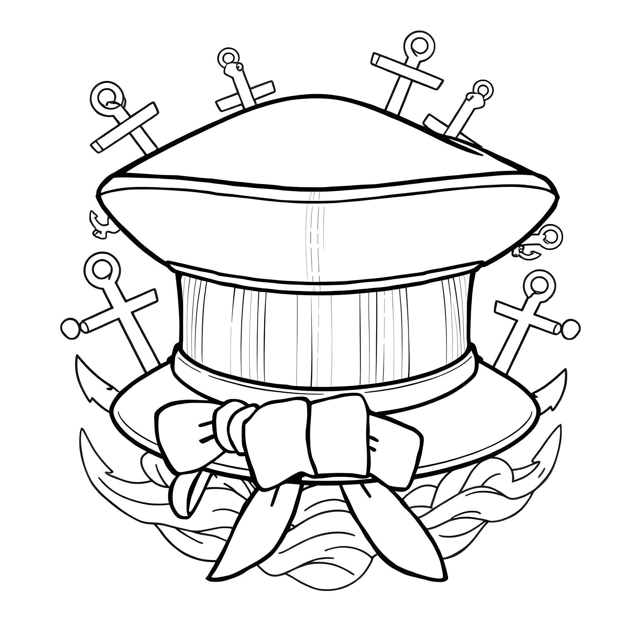 Sailor Hat with Anchor and Wave Coloring Page (free black-and-white line drawing printable PDF for all, from beginners to advanced learners, including children, teens, adults, and seniors)