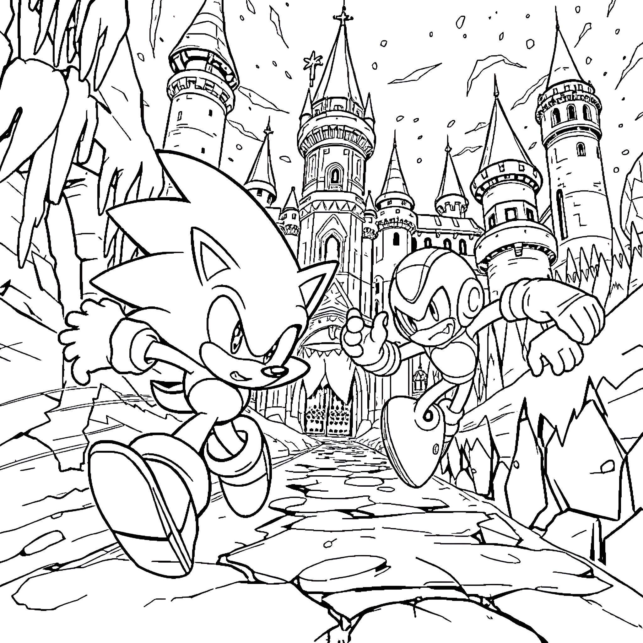 Sonic and friends explore a magical castle landscape Coloring Page (free black-and-white line drawing printable PDF for all, from beginners to advanced learners, including children, teens, adults, and seniors)