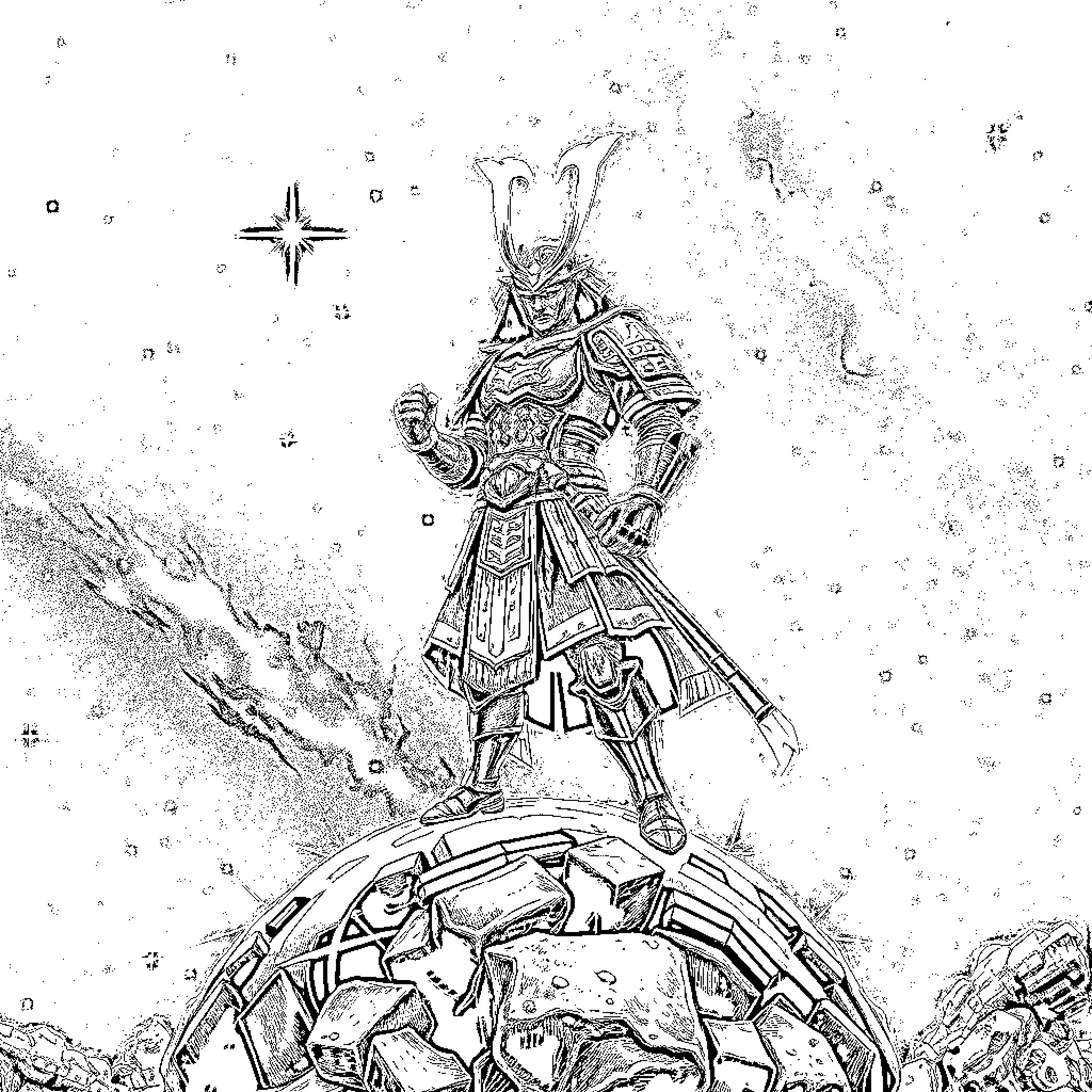 Samurai Warrior Stands Triumphant on Battlefield Coloring Page (free black-and-white line drawing printable PDF for all, from beginners to advanced learners, including children, teens, adults, and seniors)