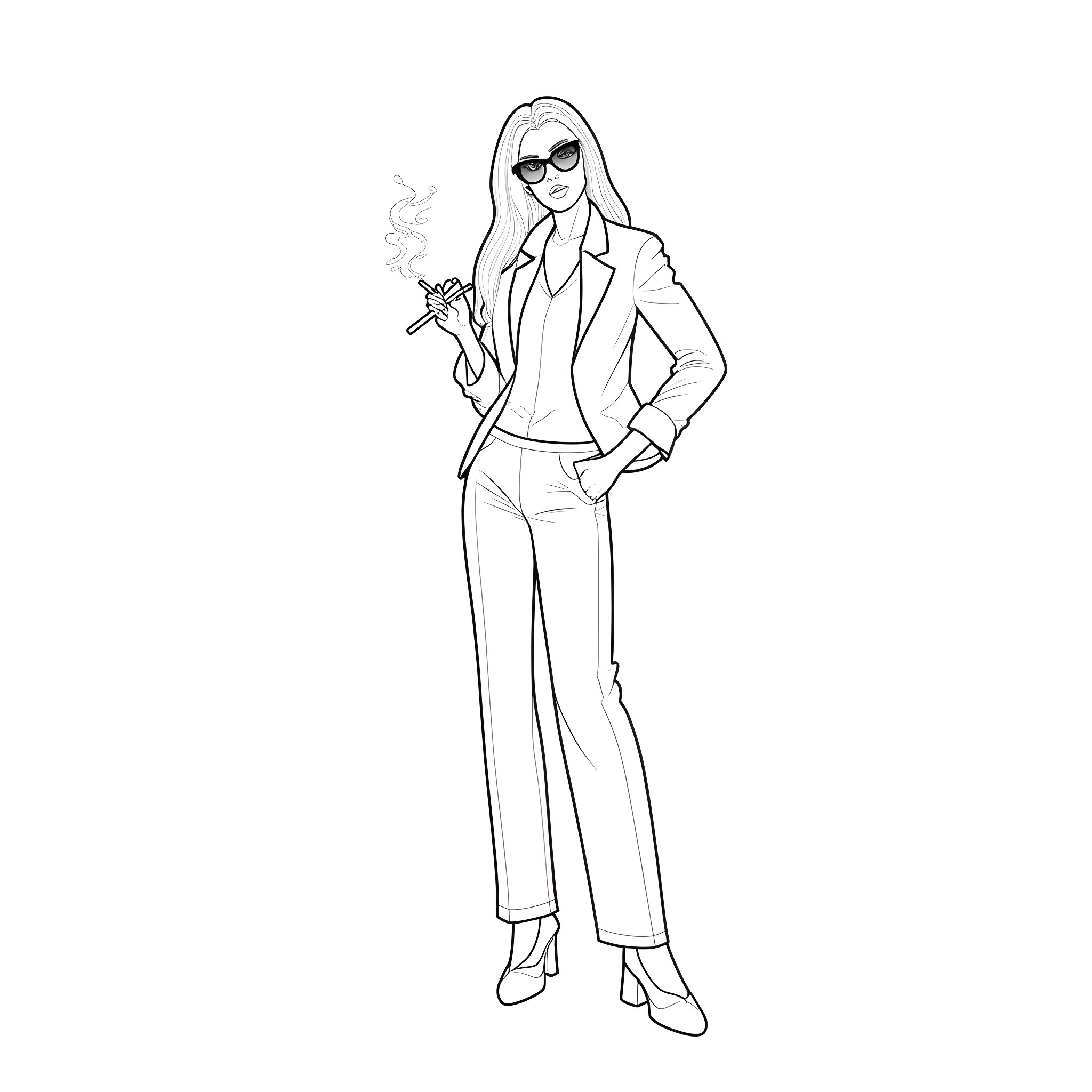 Woman in stylish suit with sunglasses smoking a cigarette Coloring Page (free black-and-white line drawing printable PDF for all, from beginners to advanced learners, including children, teens, adults, and seniors)