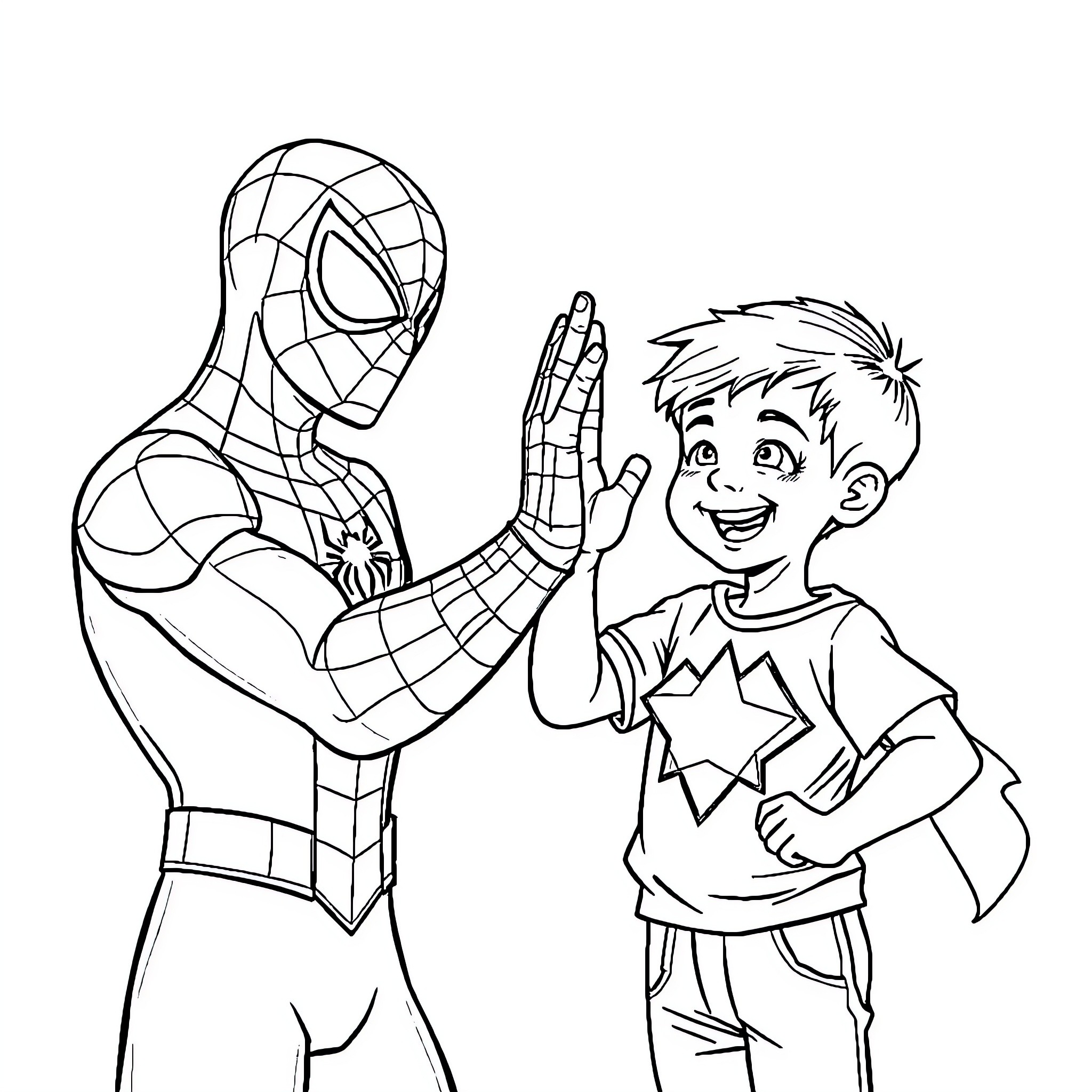 Spiderman high-fiving an excited young boy Coloring Page (free black-and-white line drawing printable PDF for all, from beginners to advanced learners, including children, teens, adults, and seniors)