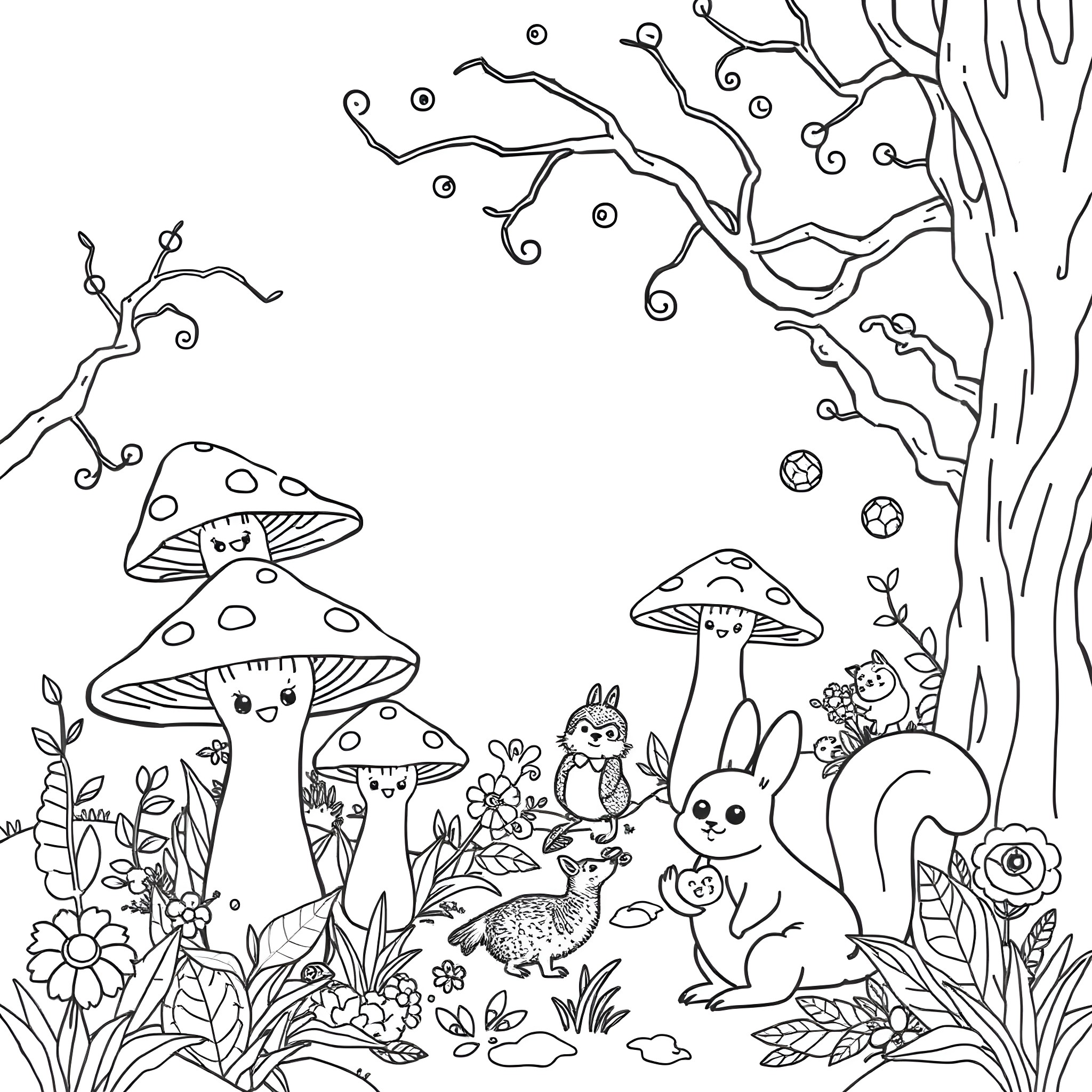 Mushroom Forest With Playful Forest Animals Coloring Page (free black-and-white line drawing printable PDF for all, from beginners to advanced learners, including children, teens, adults, and seniors)
