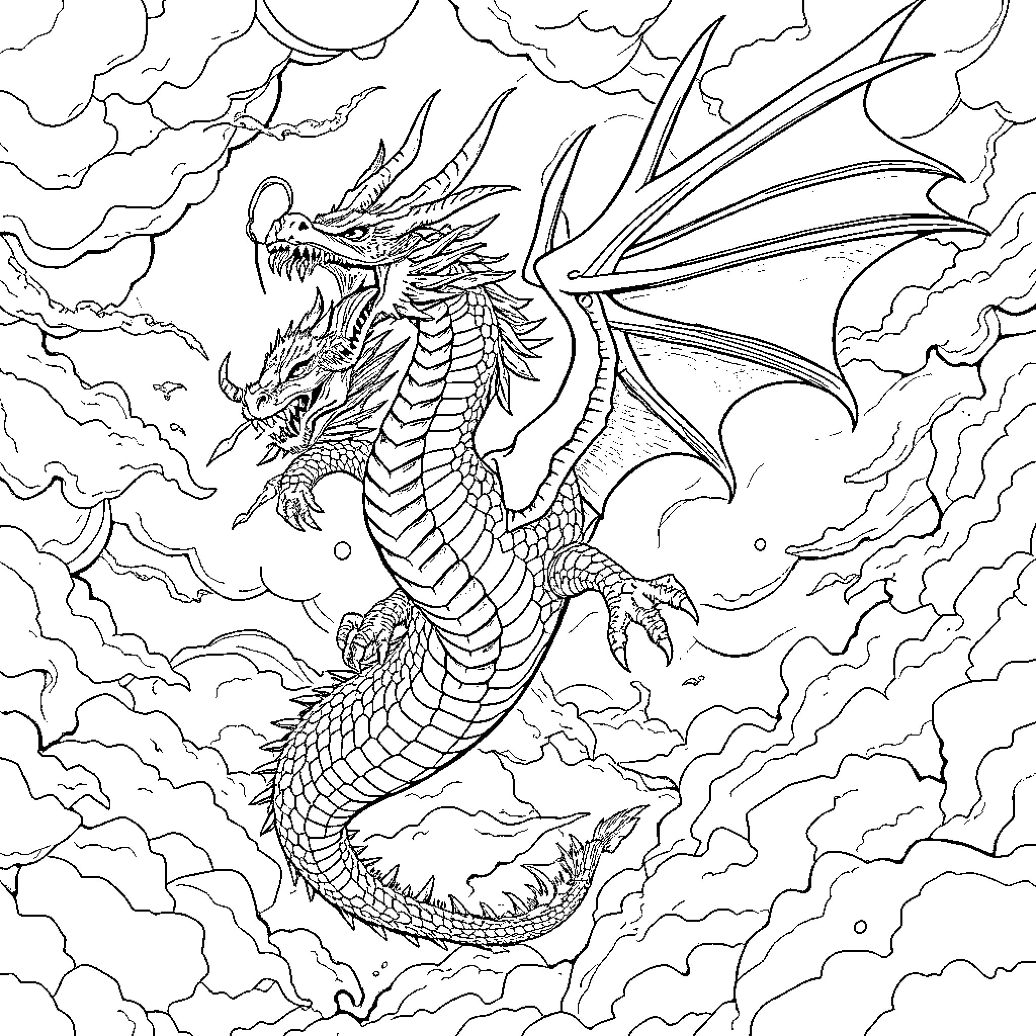 Tiamat, the Fearsome Dragon in the Stormy Sky Coloring Page (free black-and-white line drawing printable PDF for all, from beginners to advanced learners, including children, teens, adults, and seniors)