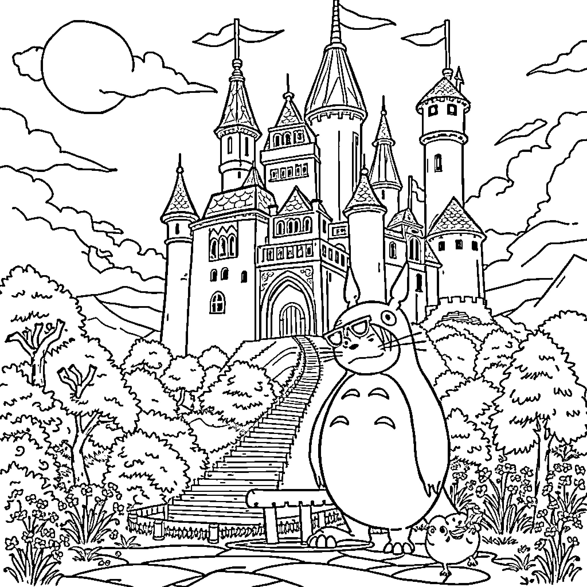 Monkey exploring a fantasy castle landscape Coloring Page (free black-and-white line drawing printable PDF for all, from beginners to advanced learners, including children, teens, adults, and seniors)