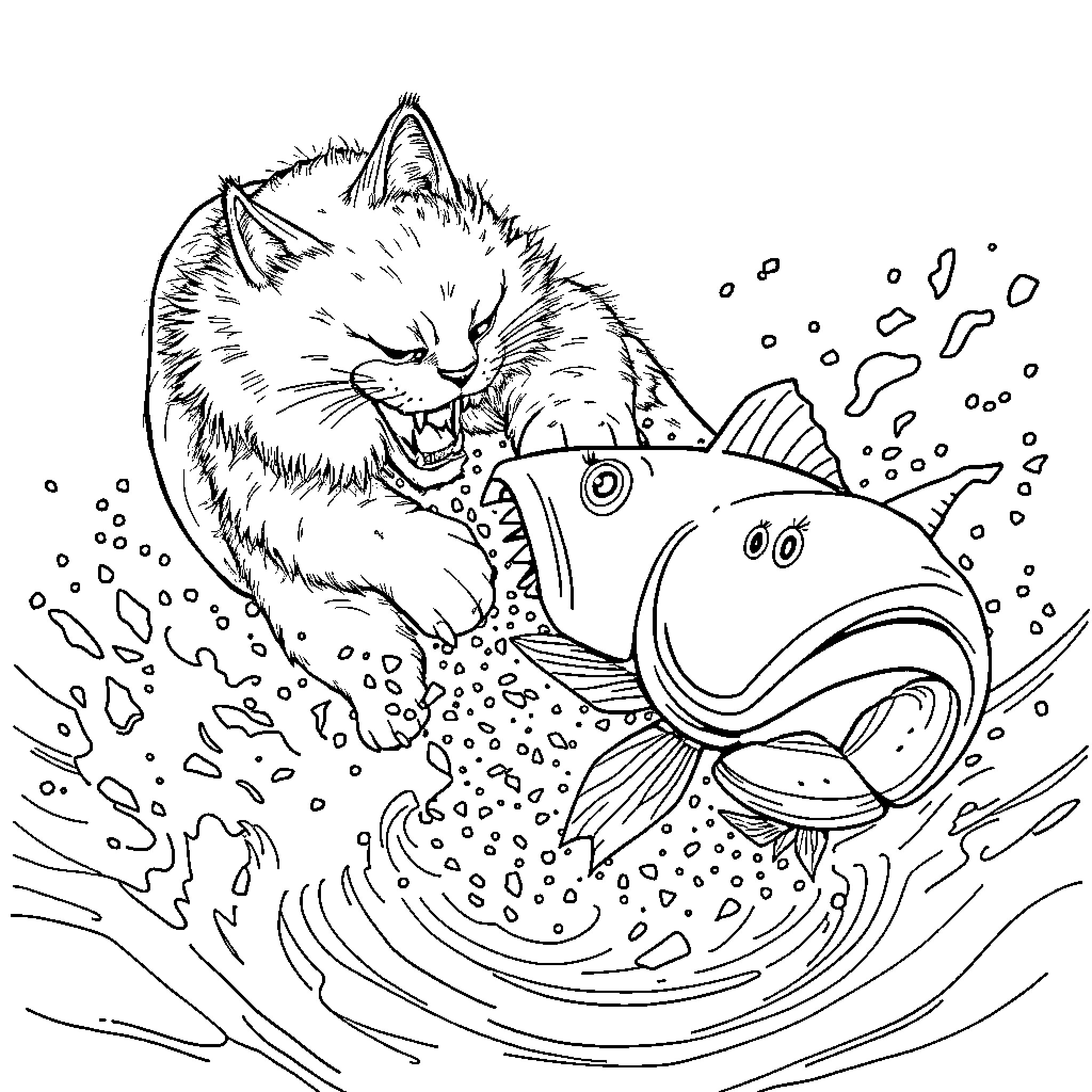 Cat playing with colorful fish underwater Coloring Page (free black-and-white line drawing printable PDF for all, from beginners to advanced learners, including children, teens, adults, and seniors)