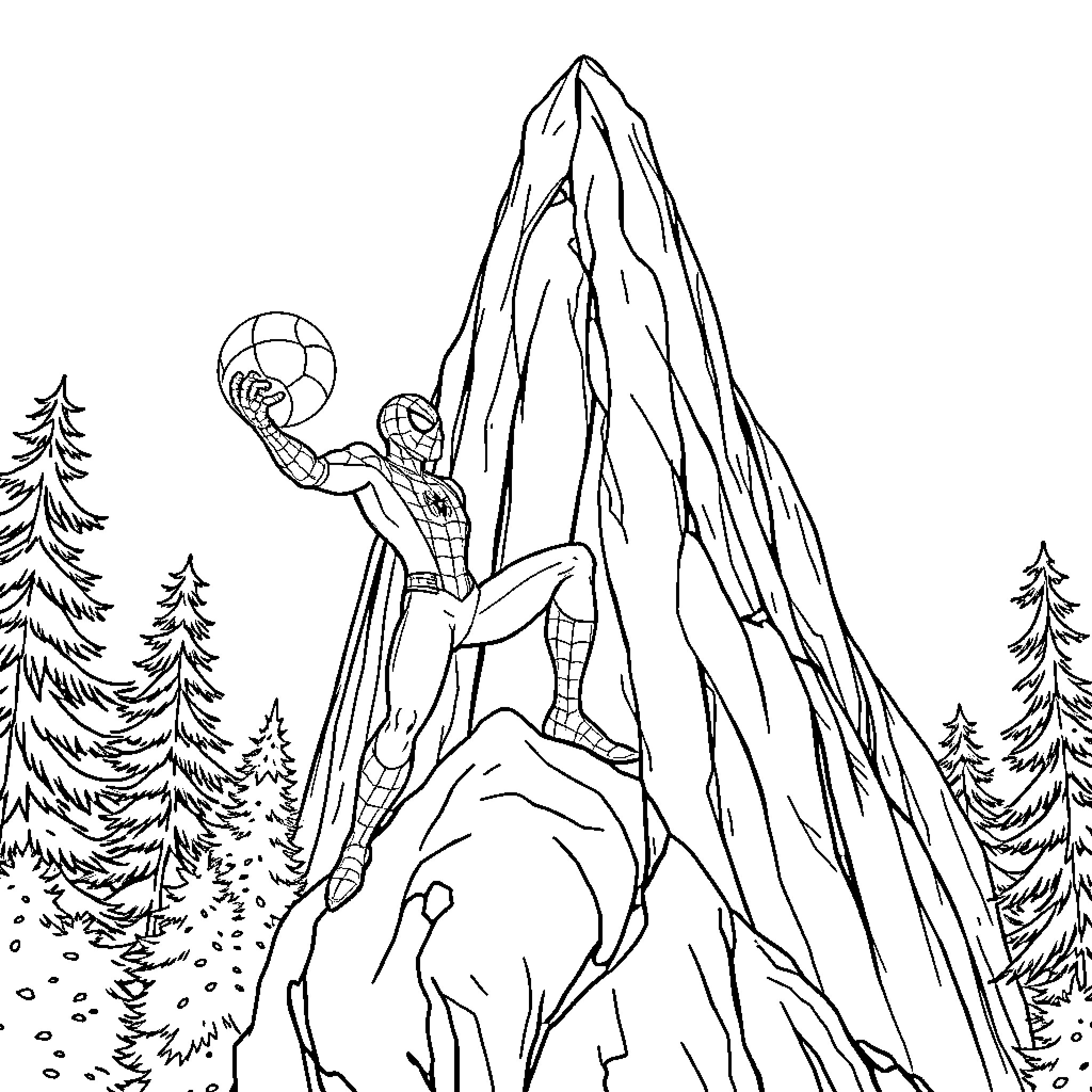 Spiderman Scaling the Snowy Mountain Peak Coloring Page (free black-and-white line drawing printable PDF for all, from beginners to advanced learners, including children, teens, adults, and seniors)
