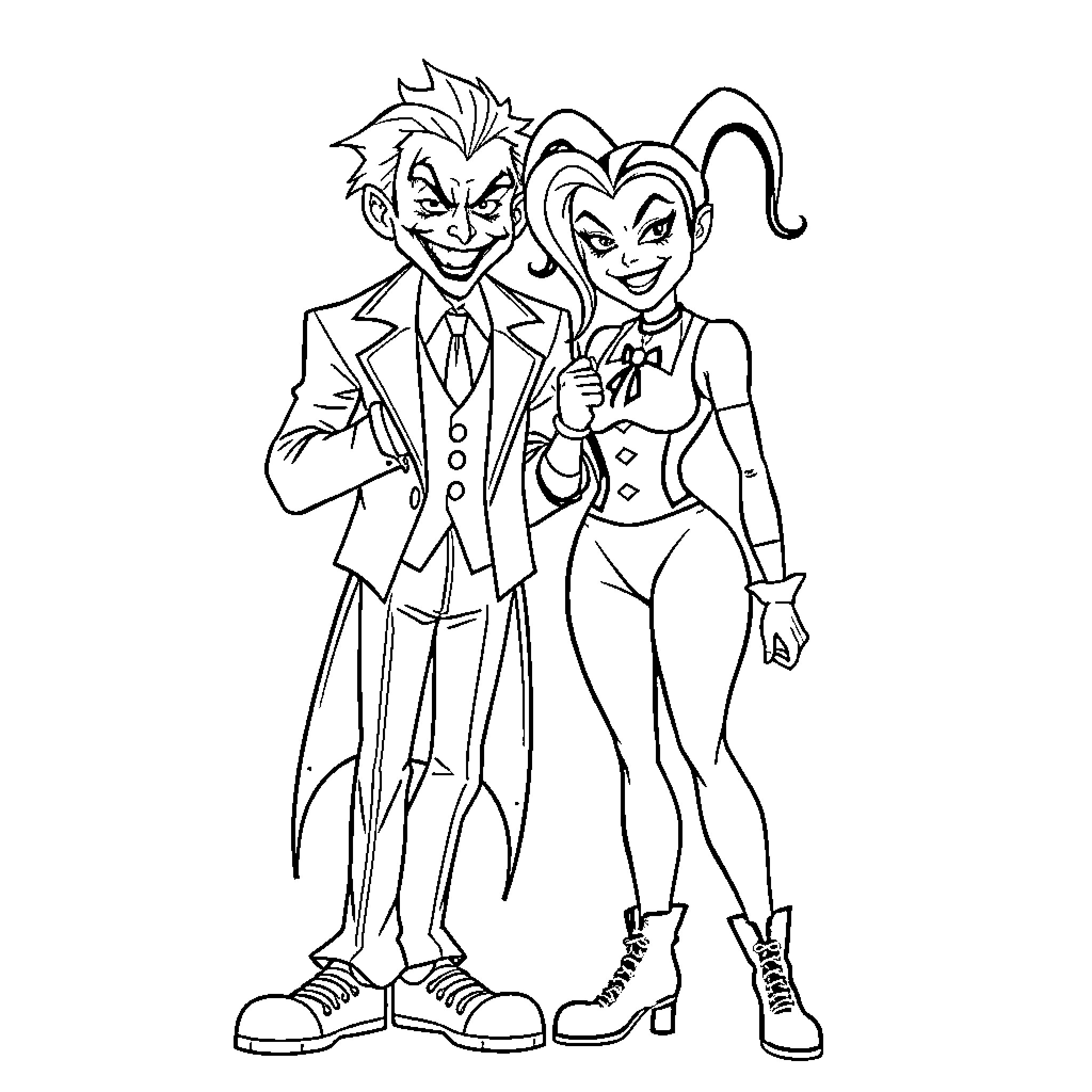 Joker and his accomplice in formal outfits Coloring Page (free black-and-white line drawing printable PDF for all, from beginners to advanced learners, including children, teens, adults, and seniors)