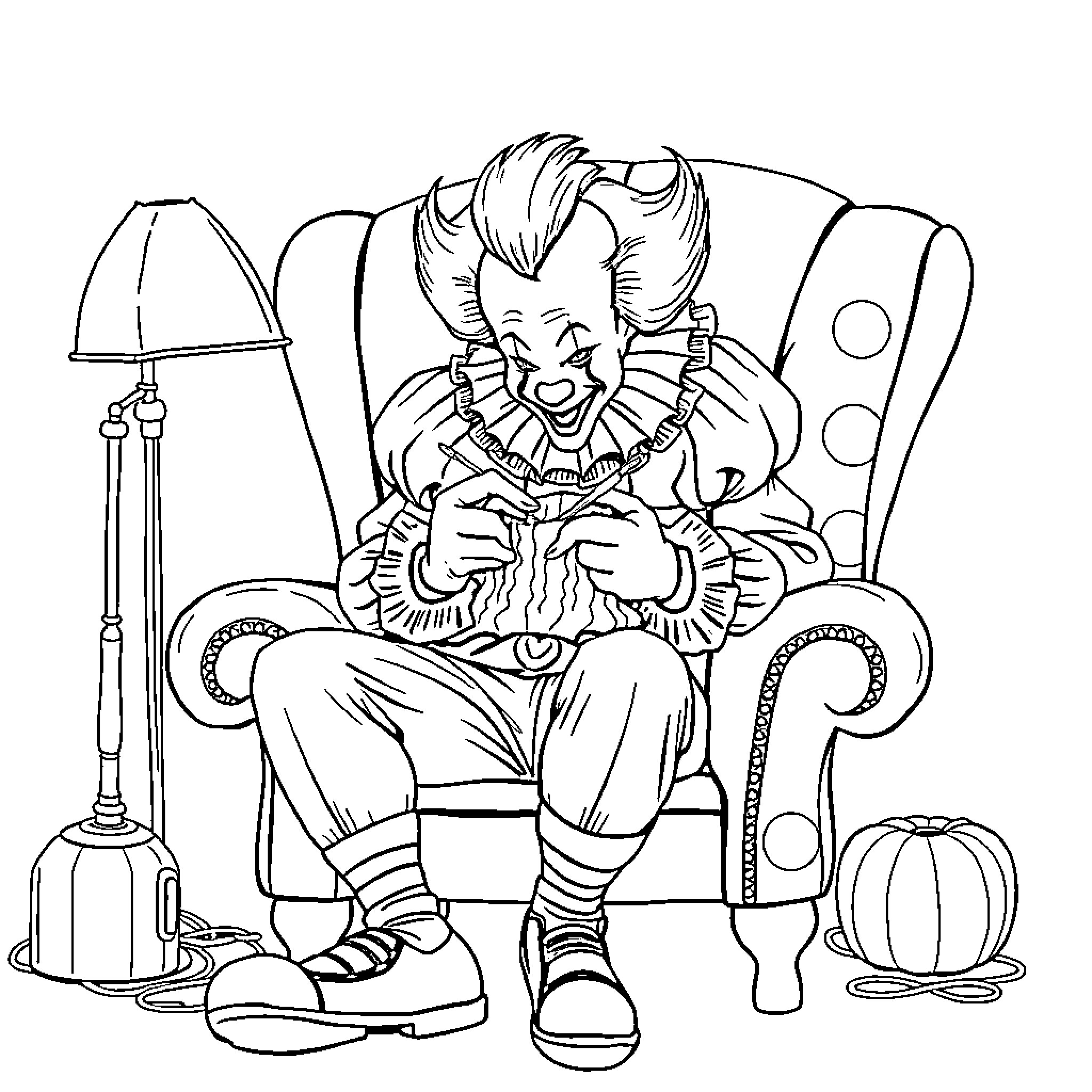Pennywise the Clown enjoying a cozy armchair Coloring Page (free black-and-white line drawing printable PDF for all, from beginners to advanced learners, including children, teens, adults, and seniors)