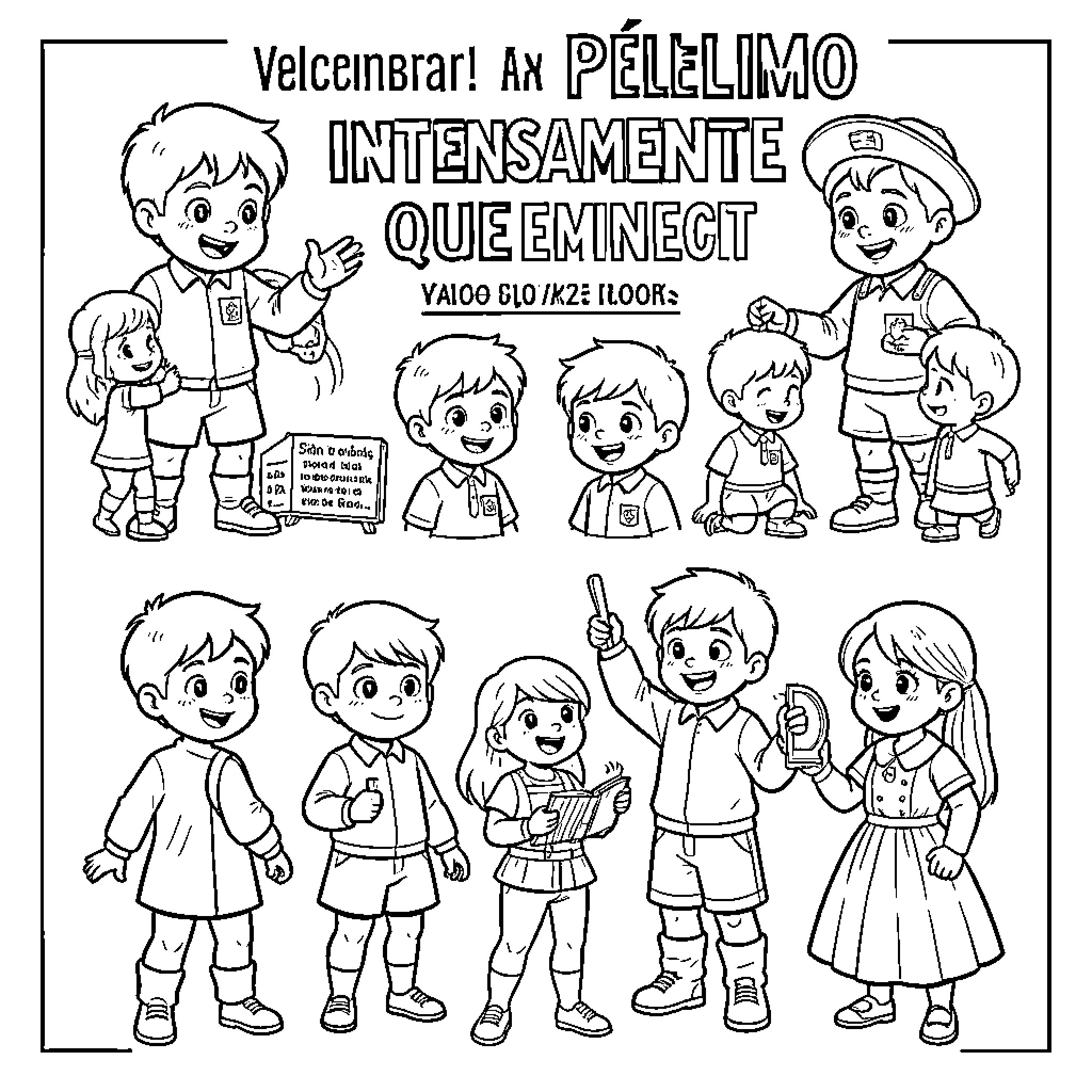 Niño and classmates interacting in a school setting Coloring Page (free black-and-white line drawing printable PDF for all, from beginners to advanced learners, including children, teens, adults, and seniors)