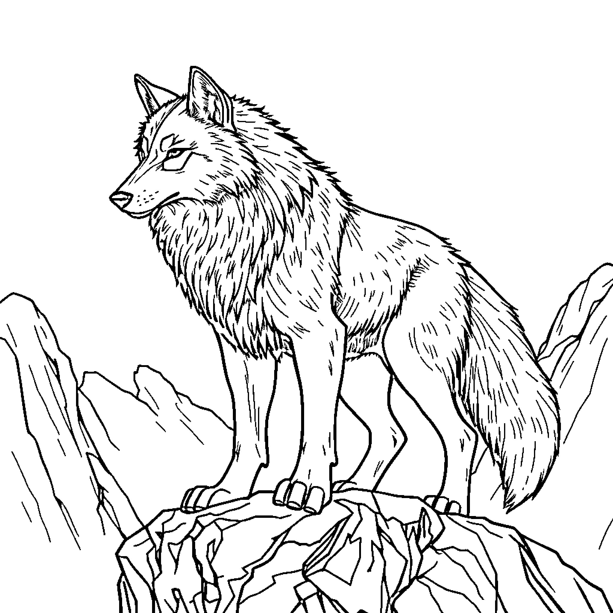 Wolf standing alert on rocky cliff Coloring Page (free black-and-white line drawing printable PDF for all, from beginners to advanced learners, including children, teens, adults, and seniors)