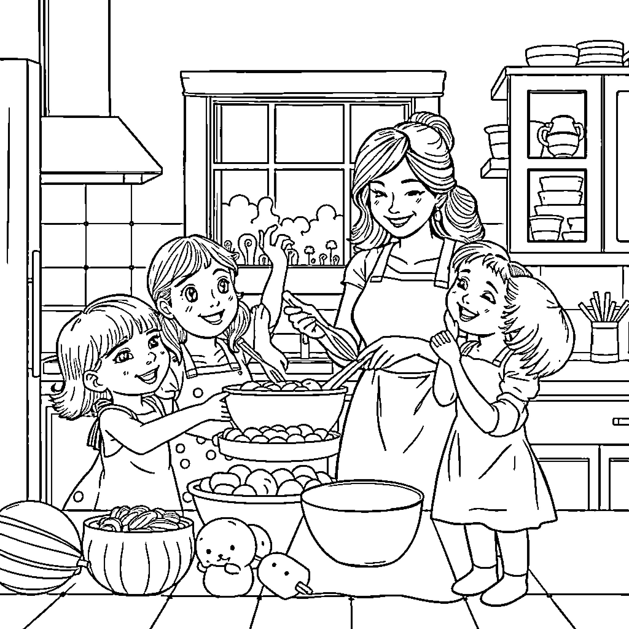 Mother and Children Happily Cooking Together in the Kitchen Coloring Page (free black-and-white line drawing printable PDF for all, from beginners to advanced learners, including children, teens, adults, and seniors)