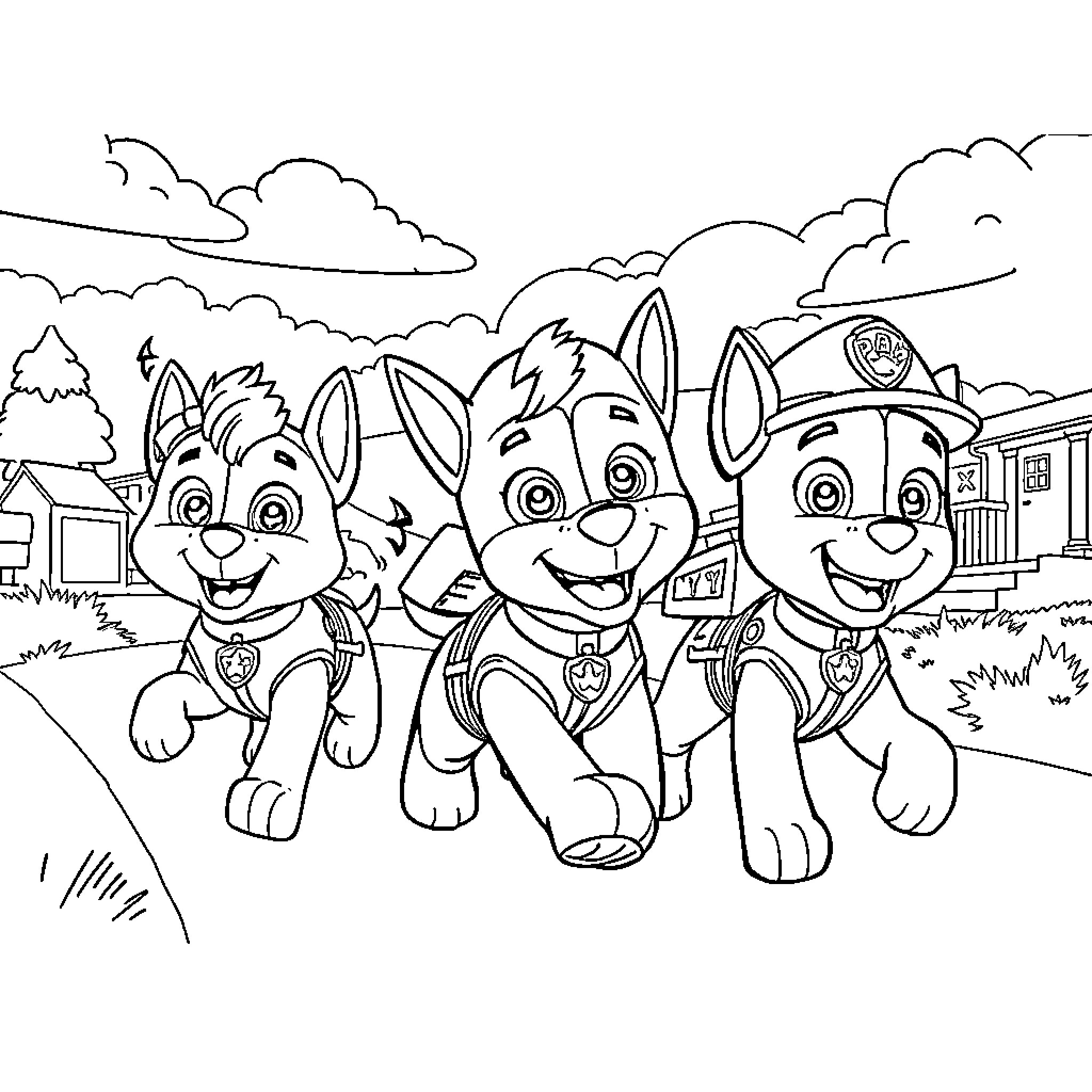 Paw Patrol Pups Ready for Adventure Coloring Page (free black-and-white line drawing printable PDF for all, from beginners to advanced learners, including children, teens, adults, and seniors)