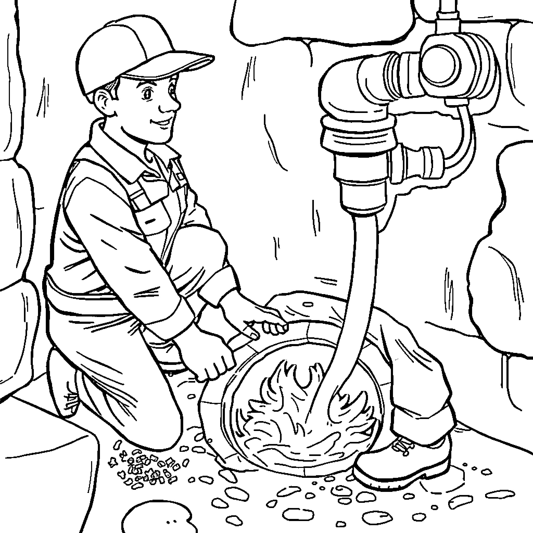 Plumber working diligently to fix a pipe Coloring Page (free black-and-white line drawing printable PDF for all, from beginners to advanced learners, including children, teens, adults, and seniors)