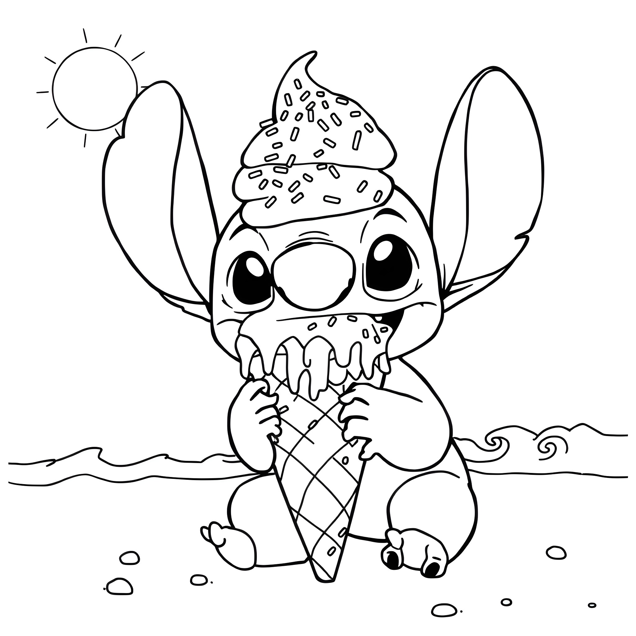 Stitch enjoying a frozen treat on the beach Coloring Page (free black-and-white line drawing printable PDF for all, from beginners to advanced learners, including children, teens, adults, and seniors)