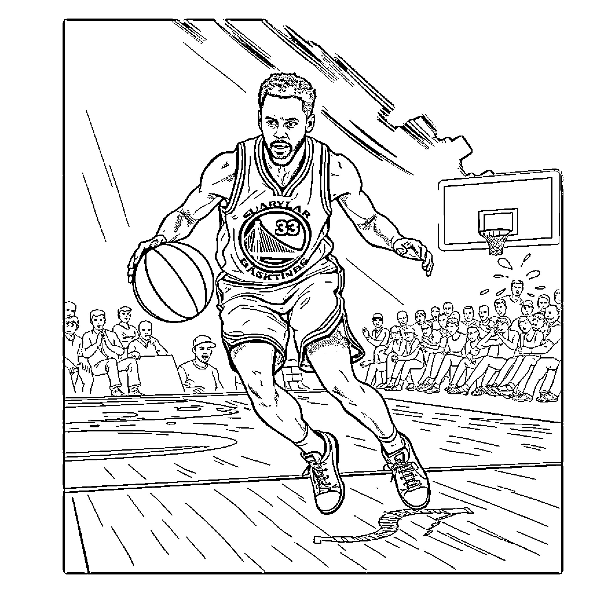 Stephen Curry Dribbling Basketball on Basketball Court Coloring Page (free black-and-white line drawing printable PDF for all, from beginners to advanced learners, including children, teens, adults, and seniors)