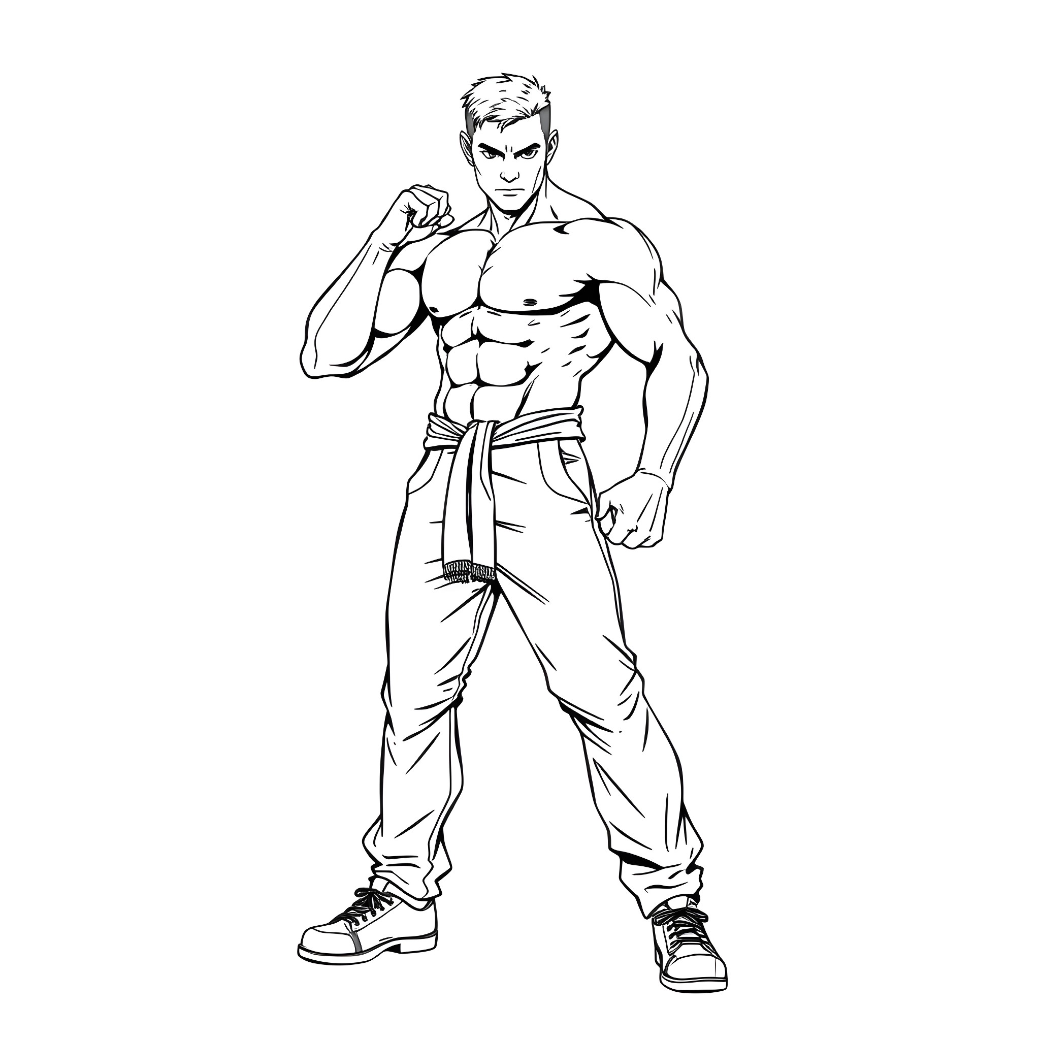 Man in fighter stance with muscular build Coloring Page (free black-and-white line drawing printable PDF for all, from beginners to advanced learners, including children, teens, adults, and seniors)