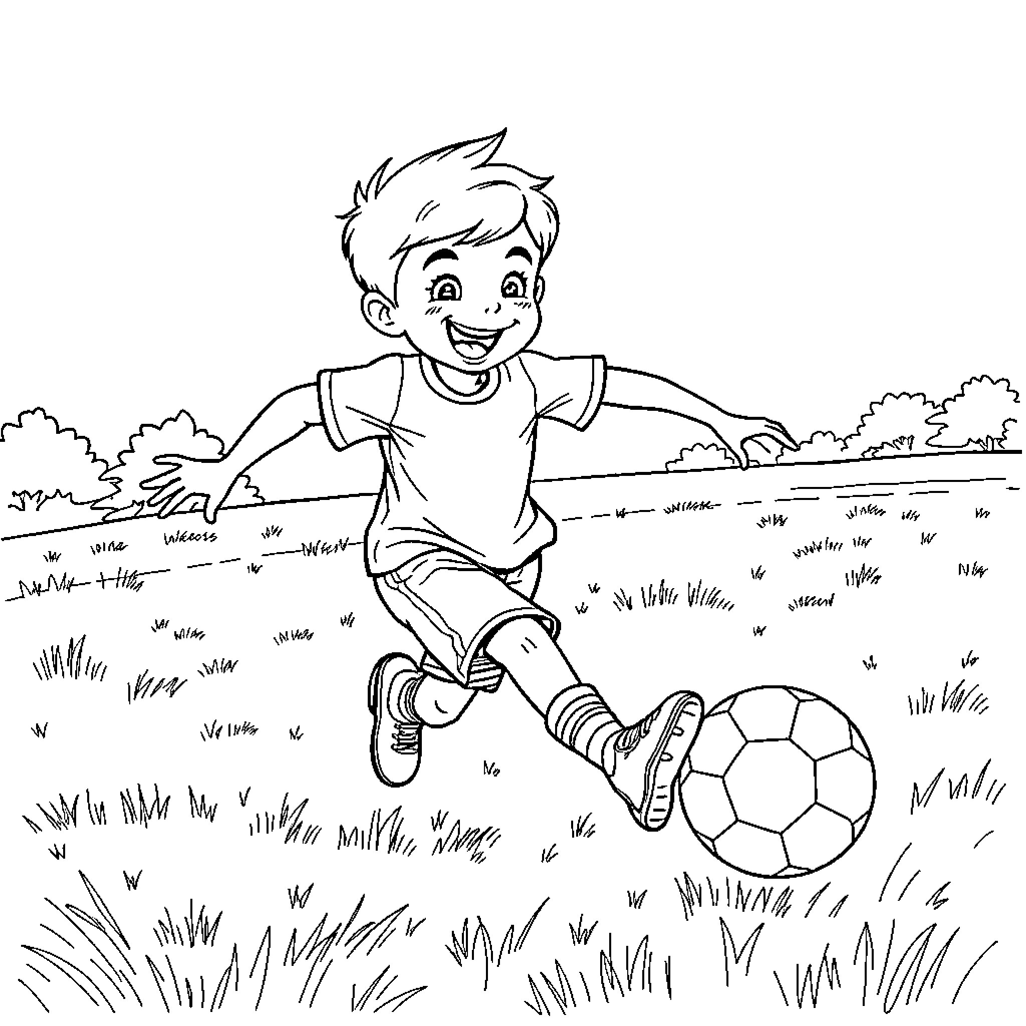 Boy playing with soccer ball in the park Coloring Page (free black-and-white line drawing printable PDF for all, from beginners to advanced learners, including children, teens, adults, and seniors)