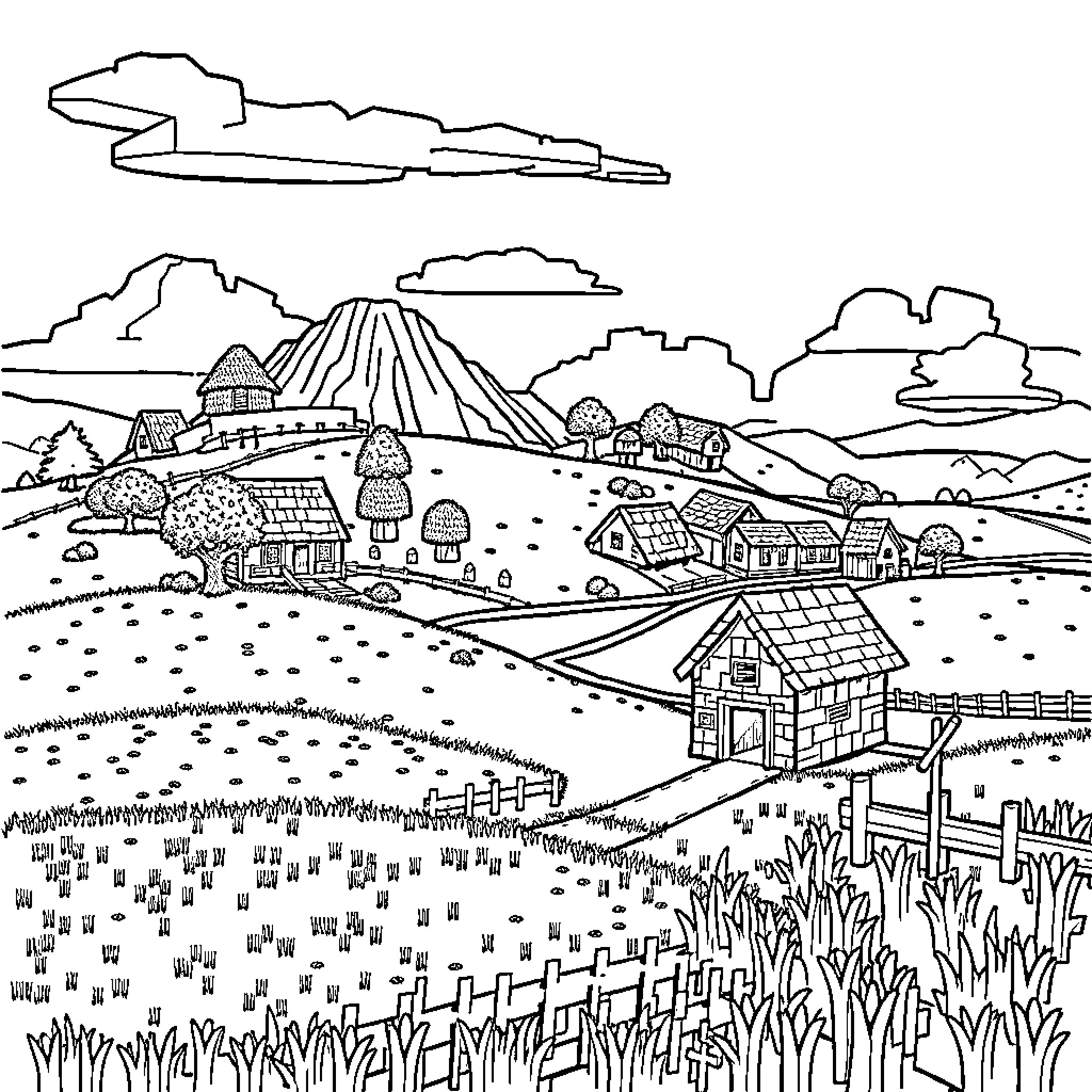 Minecraft scenic landscape with houses and mountains Coloring Page (free black-and-white line drawing printable PDF for all, from beginners to advanced learners, including children, teens, adults, and seniors)