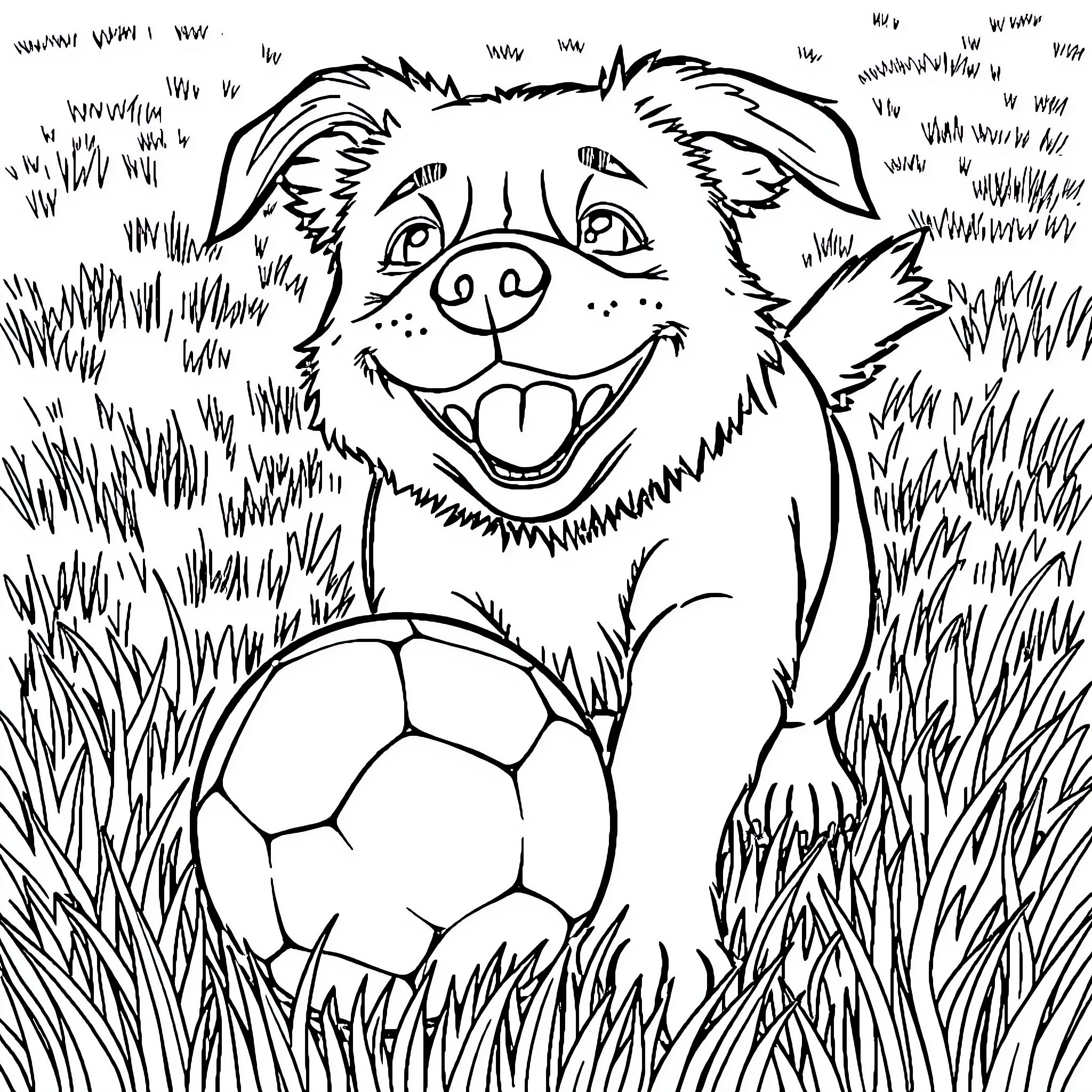 Dog Playing Joyfully with Soccer Ball in Tall Grass Coloring Page (free black-and-white line drawing printable PDF for all, from beginners to advanced learners, including children, teens, adults, and seniors)