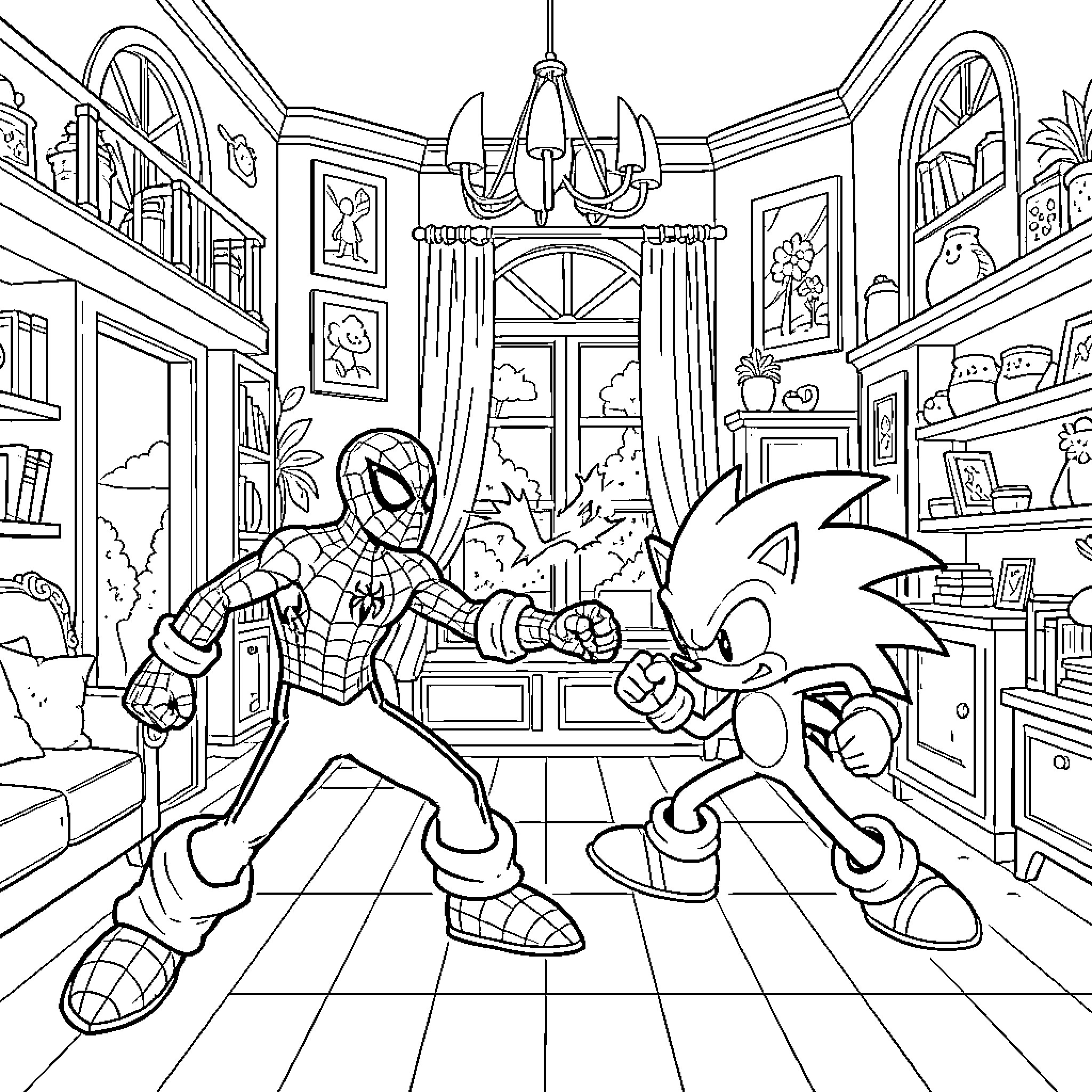 Spider-Man battling Sonic the Hedgehog in a cozy room Coloring Page (free black-and-white line drawing printable PDF for all, from beginners to advanced learners, including children, teens, adults, and seniors)