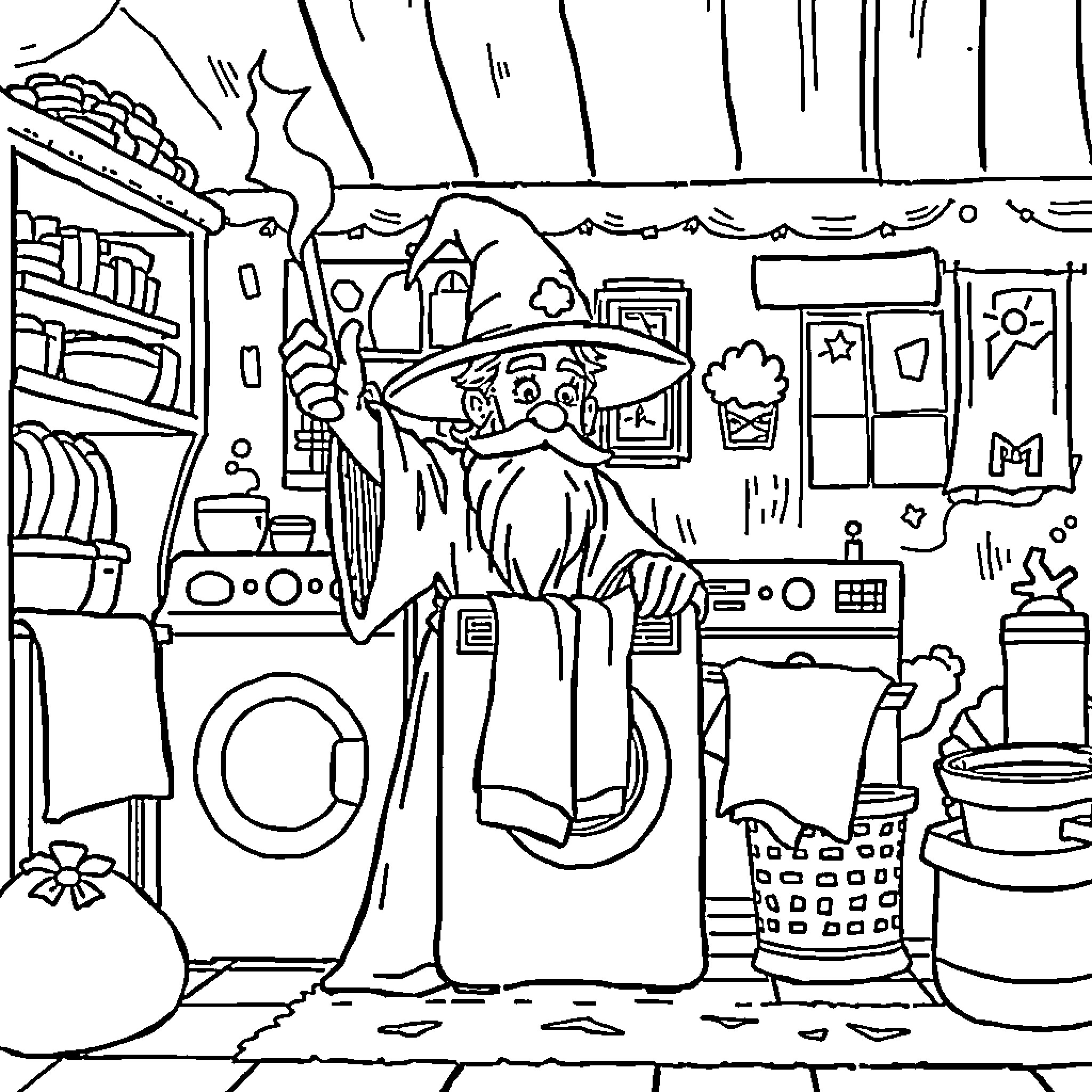 Wizard inspecting a cluttered, fantastical workspace Coloring Page (free black-and-white line drawing printable PDF for all, from beginners to advanced learners, including children, teens, adults, and seniors)