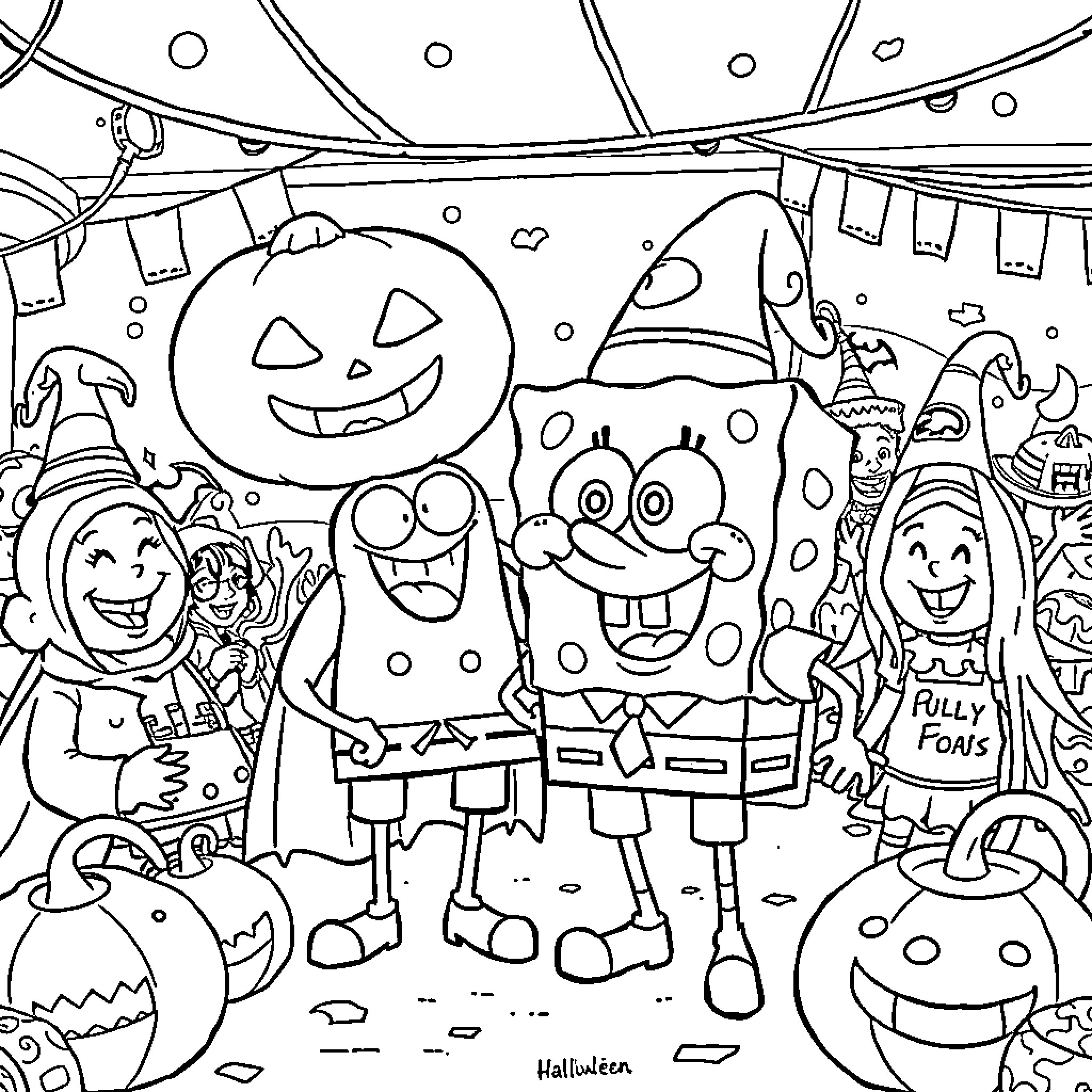 Spongebob and friends celebrate Halloween together Coloring Page (free black-and-white line drawing printable PDF for all, from beginners to advanced learners, including children, teens, adults, and seniors)