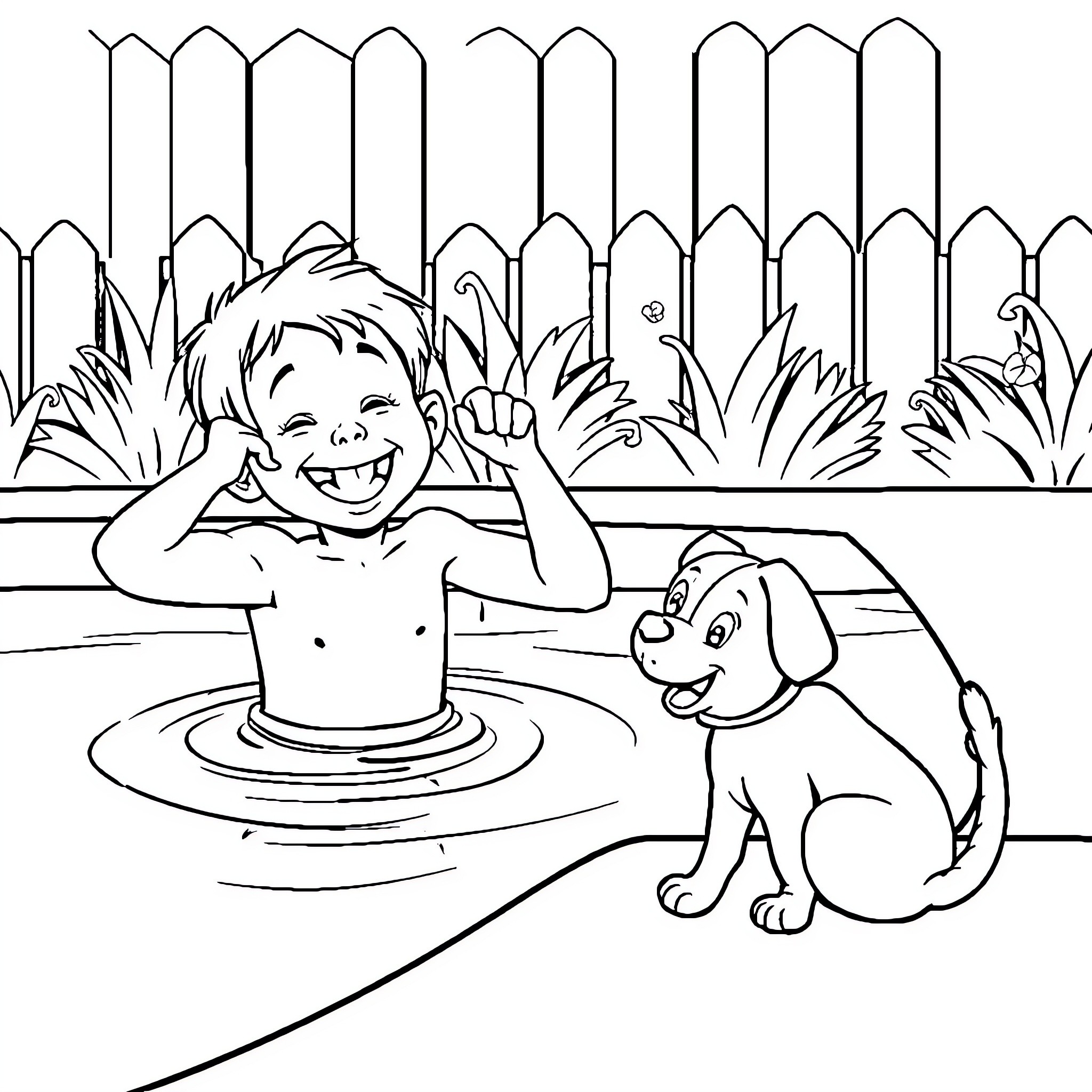 Kid Playing Joyfully with Puppy in Water Coloring Page (free black-and-white line drawing printable PDF for all, from beginners to advanced learners, including children, teens, adults, and seniors)