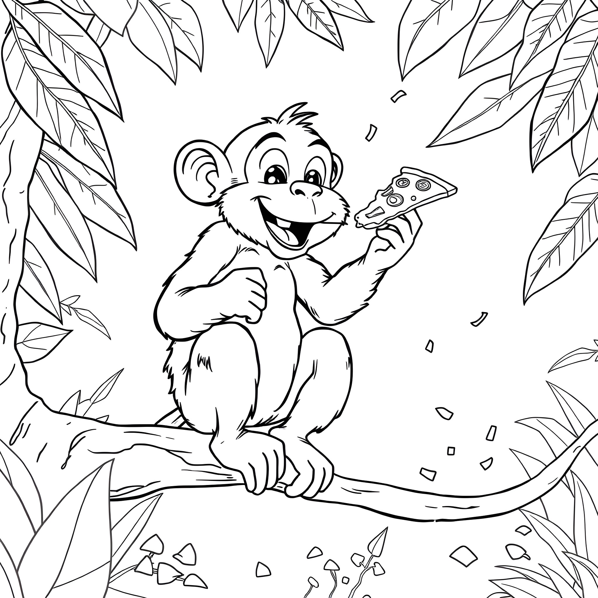 Monkey happily eating a slice of pizza in the jungle Coloring Page (free black-and-white line drawing printable PDF for all, from beginners to advanced learners, including children, teens, adults, and seniors)