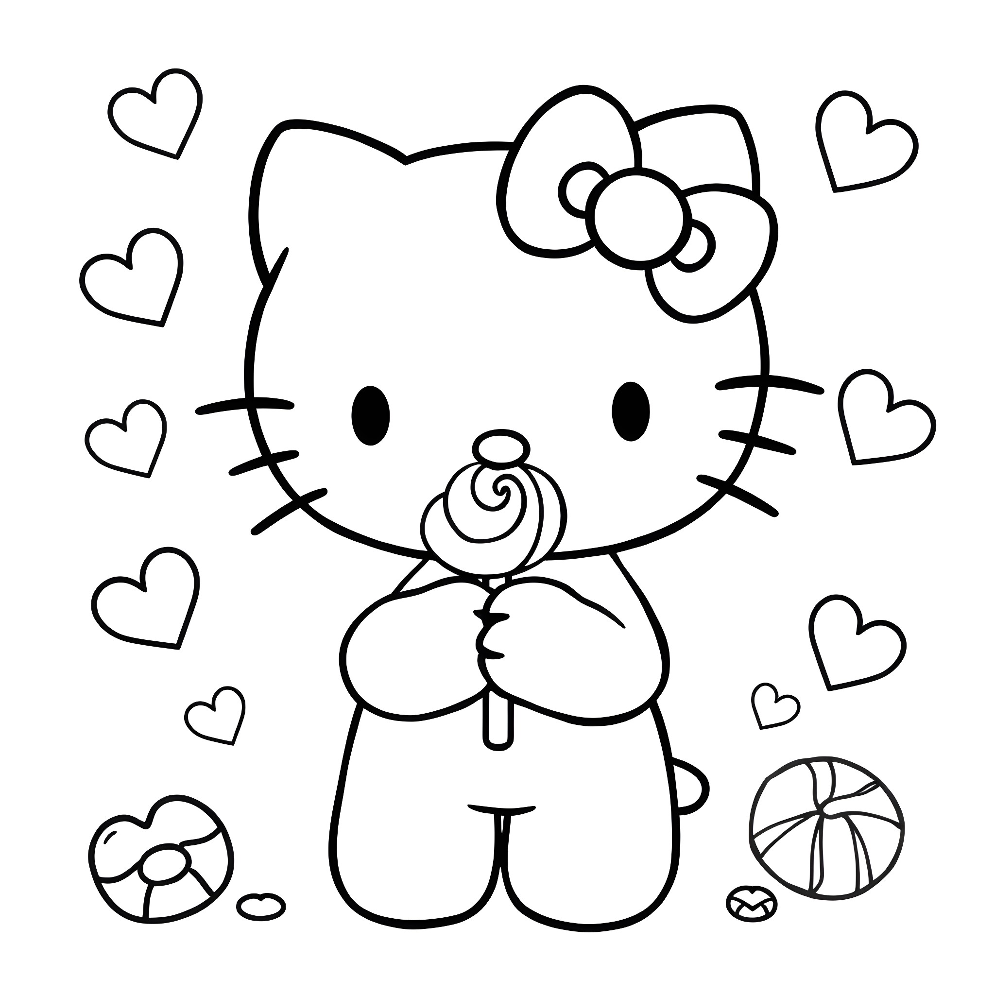 Hello Kitty holding lollipop with hearts Coloring Page (free black-and-white line drawing printable PDF for all, from beginners to advanced learners, including children, teens, adults, and seniors)