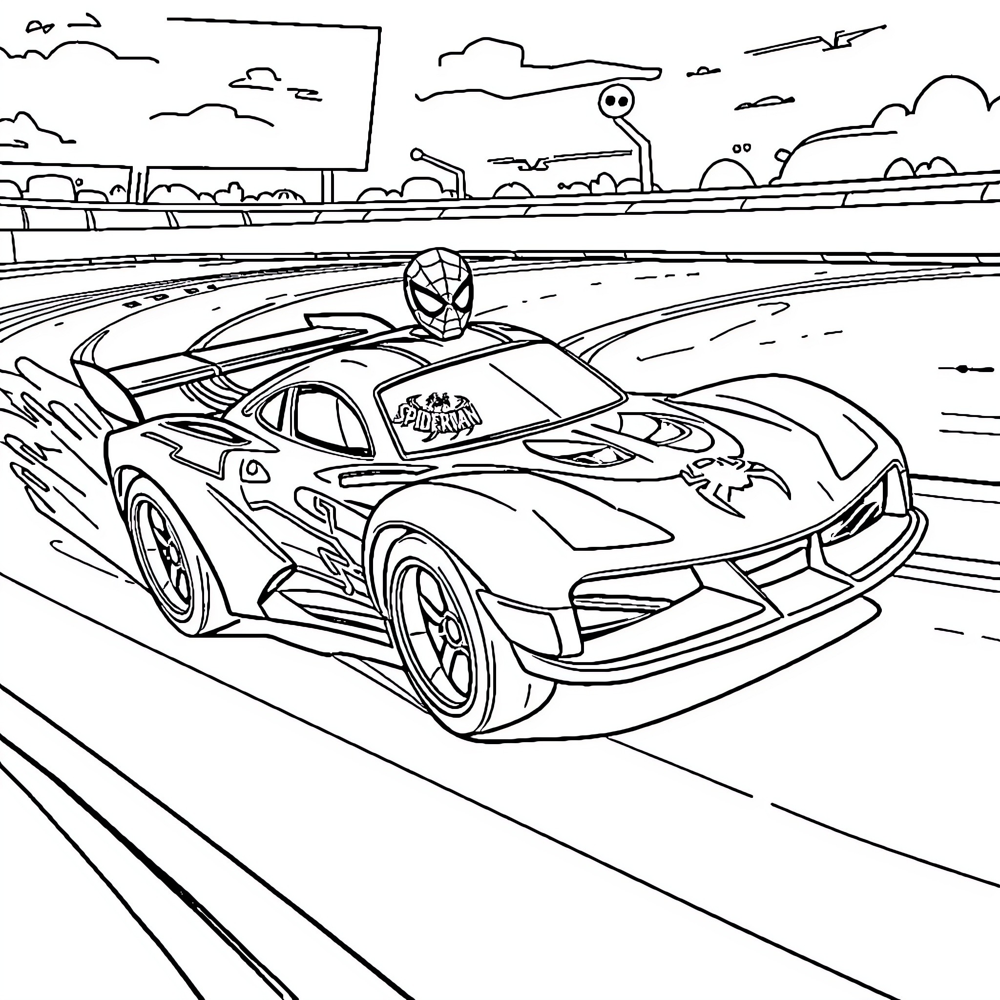 Spiderman driving a high-speed racing car Coloring Page (free black-and-white line drawing printable PDF for all, from beginners to advanced learners, including children, teens, adults, and seniors)