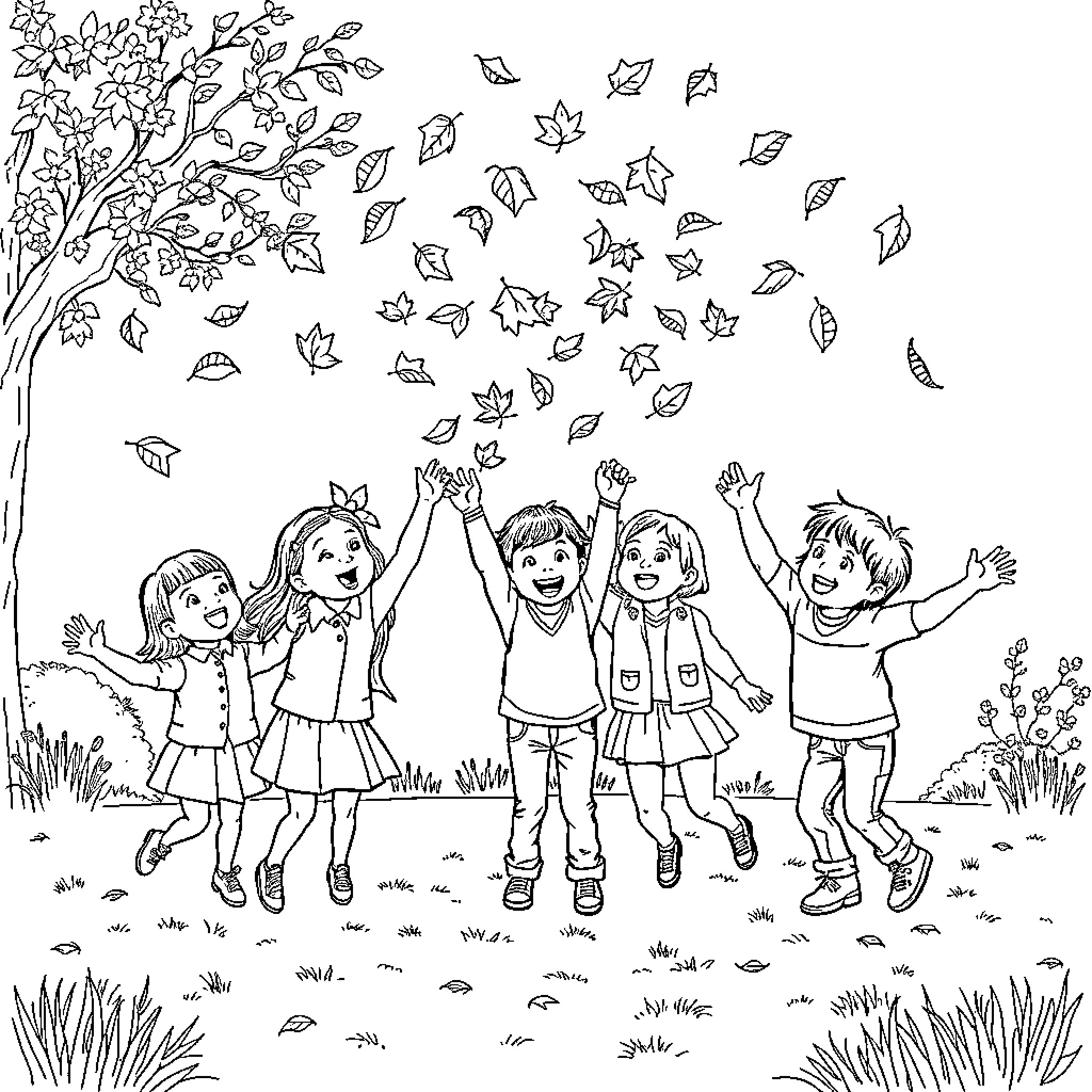 Kid friends enjoying autumn leaves in nature Coloring Page (free black-and-white line drawing printable PDF for all, from beginners to advanced learners, including children, teens, adults, and seniors)