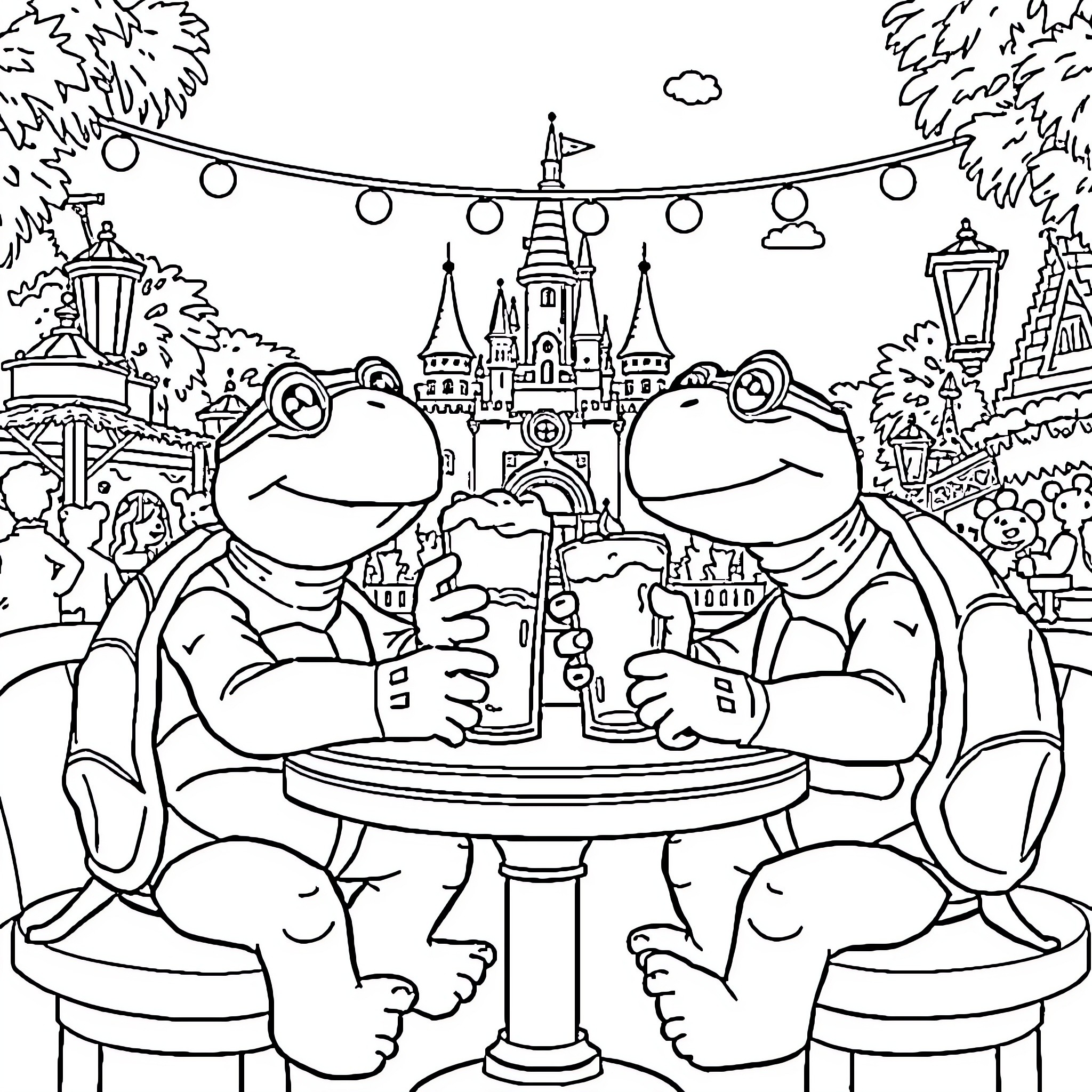 Turtle friends enjoying drinks at magical festival Coloring Page (free black-and-white line drawing printable PDF for all, from beginners to advanced learners, including children, teens, adults, and seniors)