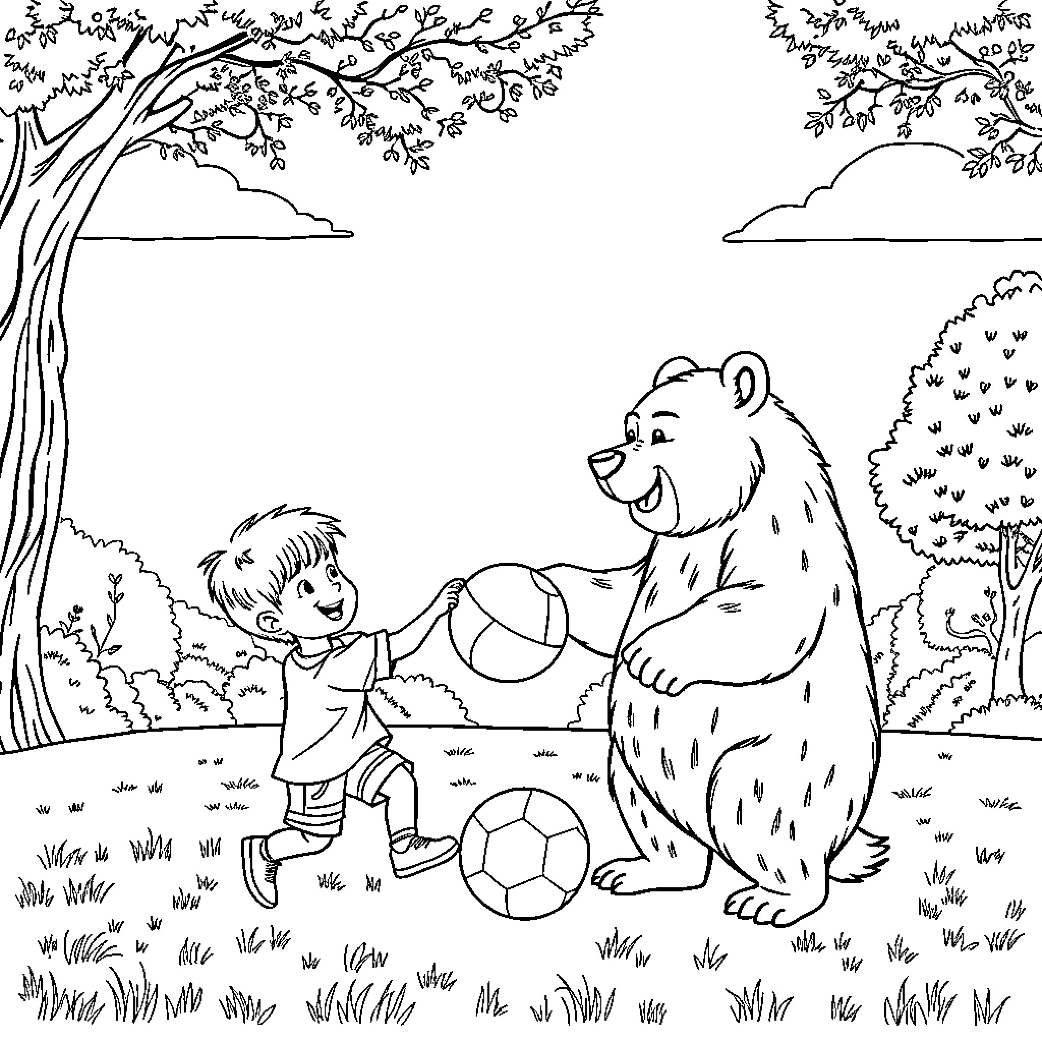 Bear playing with child in forest Coloring Page (free black-and-white line drawing printable PDF for all, from beginners to advanced learners, including children, teens, adults, and seniors)