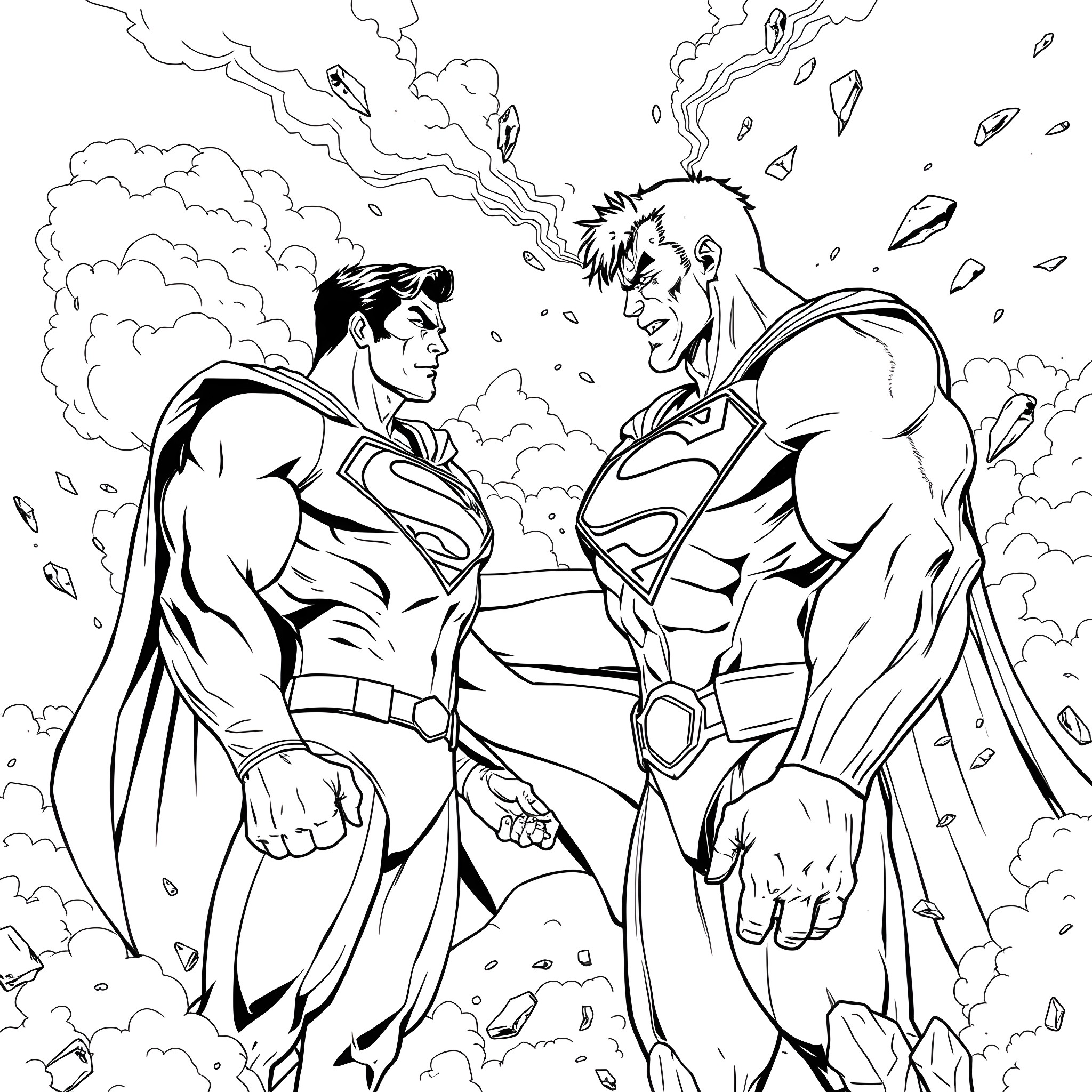 Superman and superhero action scene Coloring Page (free black-and-white line drawing printable PDF for all, from beginners to advanced learners, including children, teens, adults, and seniors)