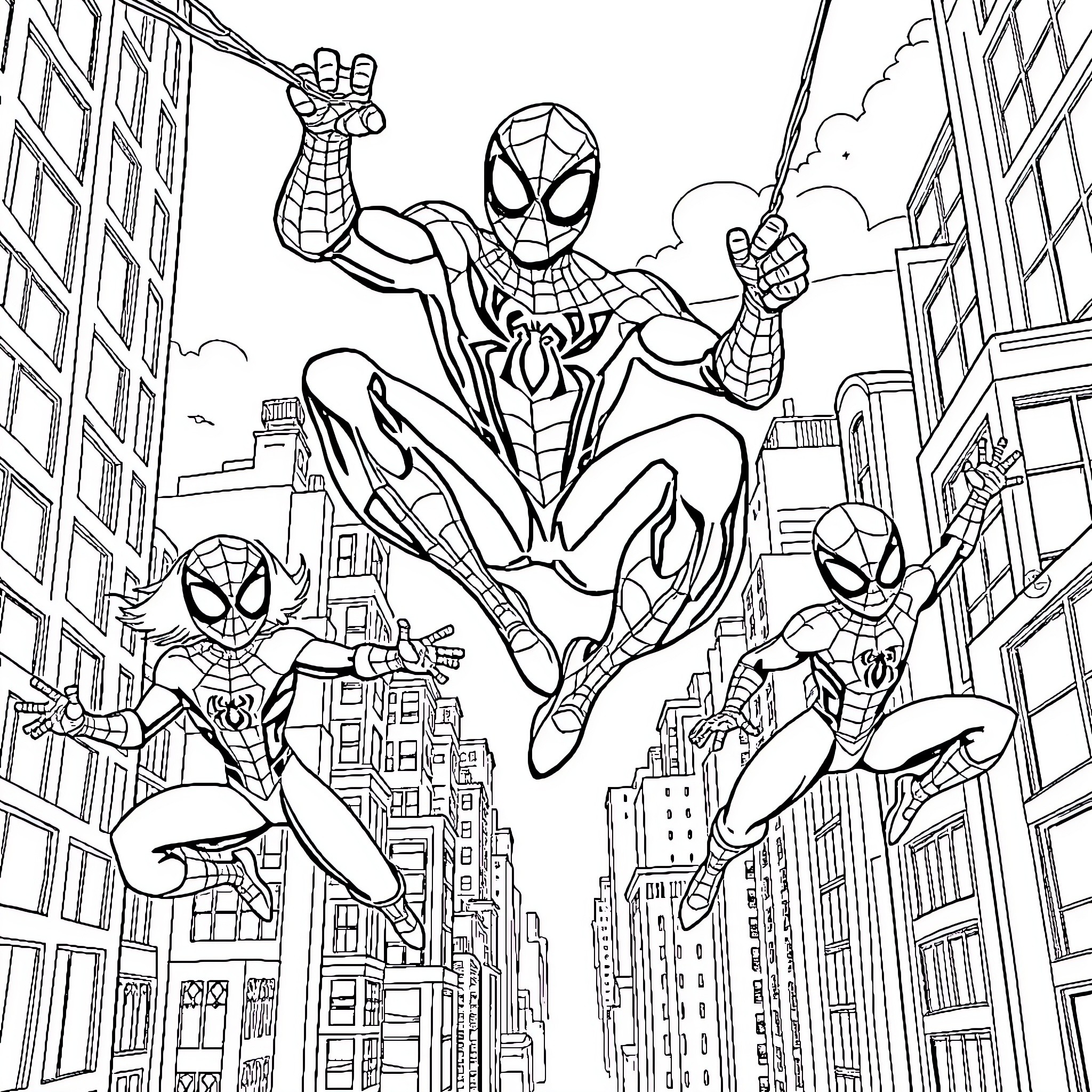 Spider-heroes swinging through the city skyline Coloring Page (free black-and-white line drawing printable PDF for all, from beginners to advanced learners, including children, teens, adults, and seniors)
