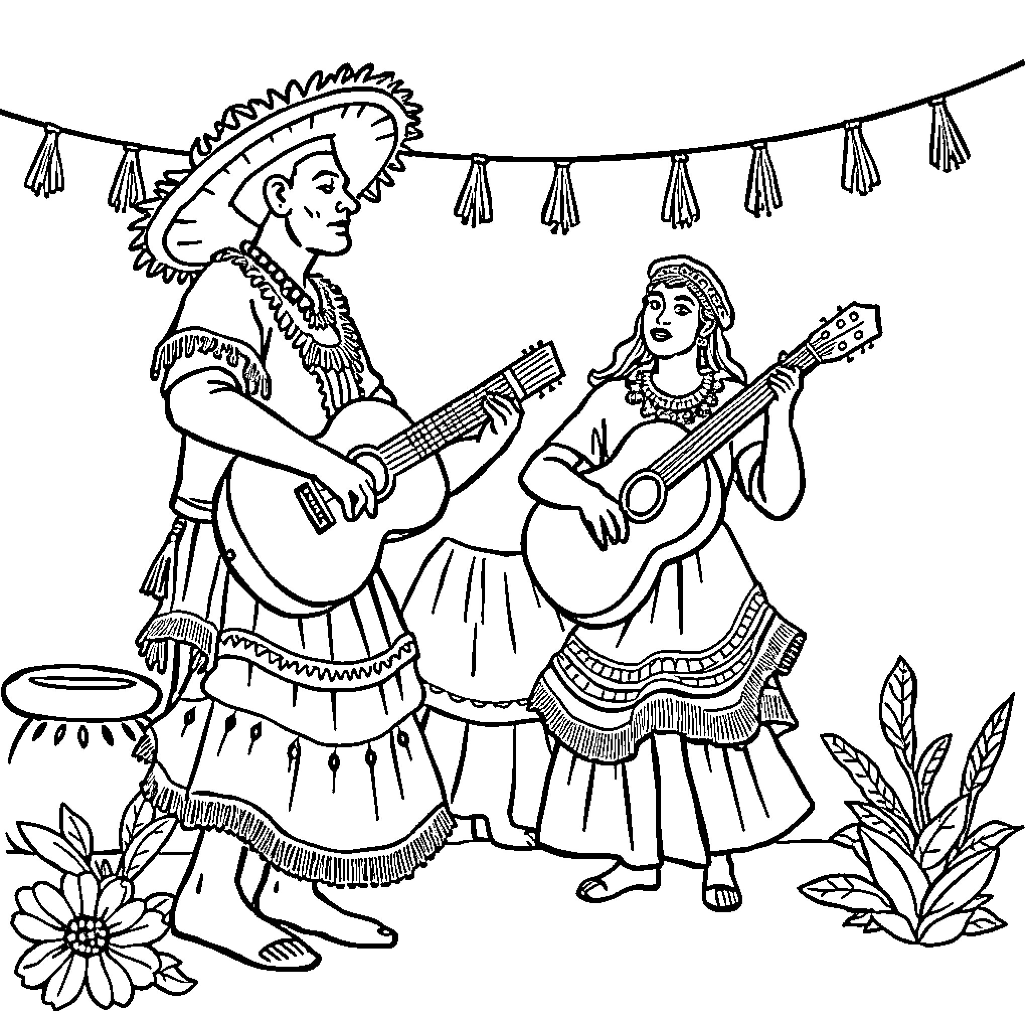 Día de la Canción Criolla: Musicians and Dancers in Traditional Attire Coloring Page (free black-and-white line drawing printable PDF for all, from beginners to advanced learners, including children, teens, adults, and seniors)