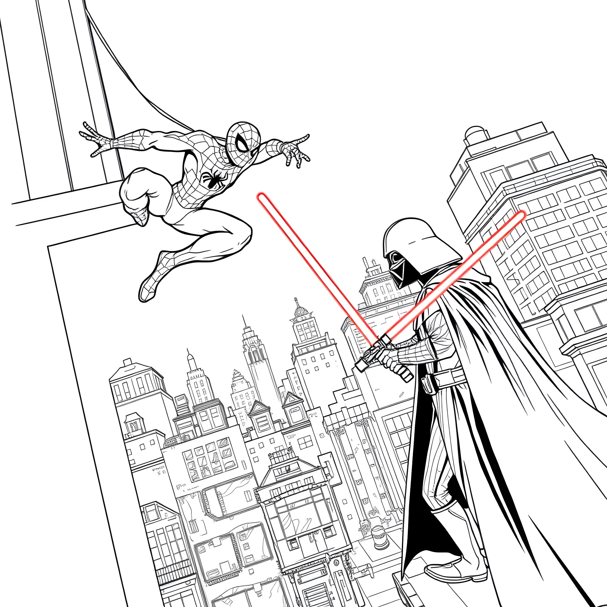Spider-Man swinging through the city, facing off against a villainous figure Coloring Page (free black-and-white line drawing printable PDF for all, from beginners to advanced learners, including children, teens, adults, and seniors)