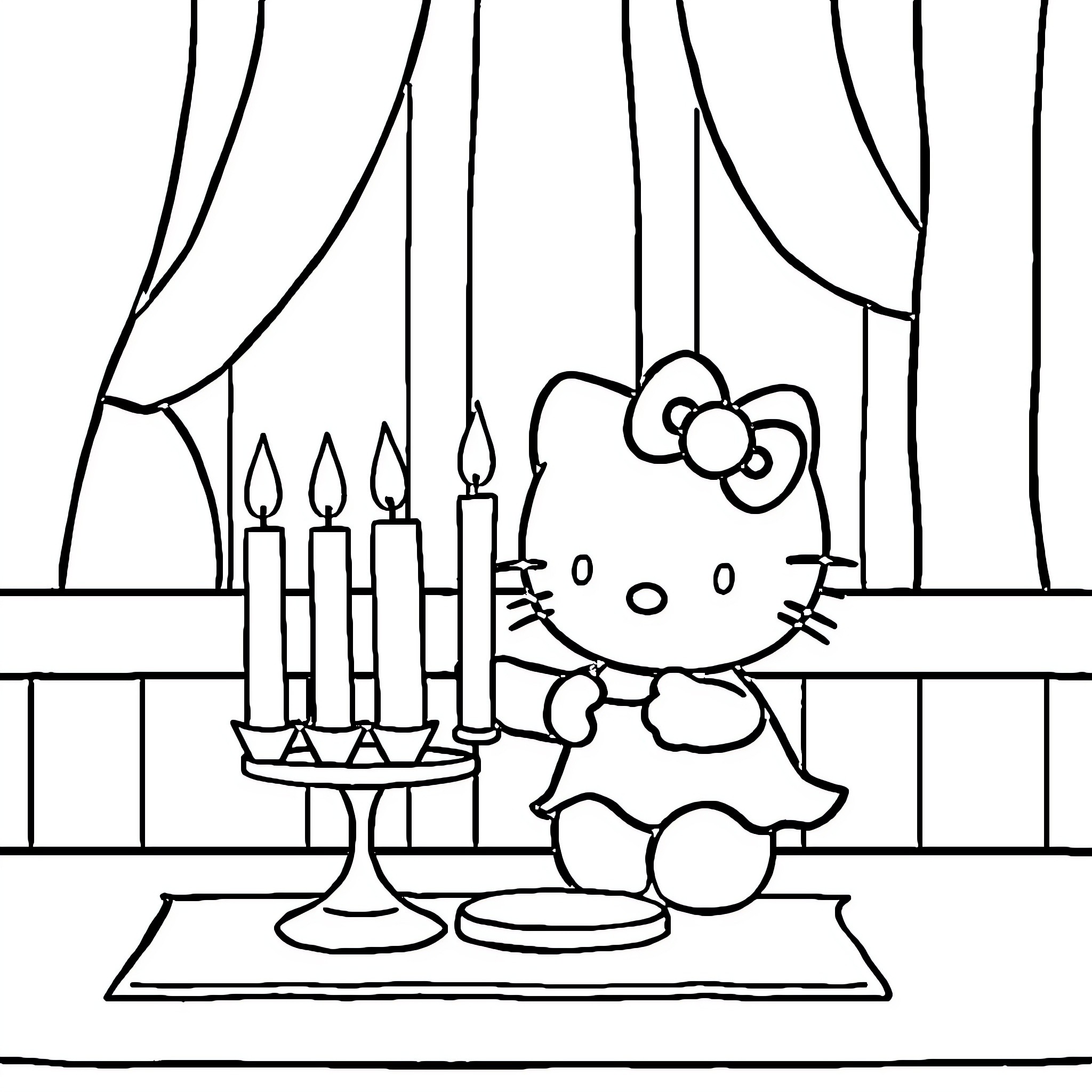Hello Kitty celebrates with candles Coloring Page (free black-and-white line drawing printable PDF for all, from beginners to advanced learners, including children, teens, adults, and seniors)