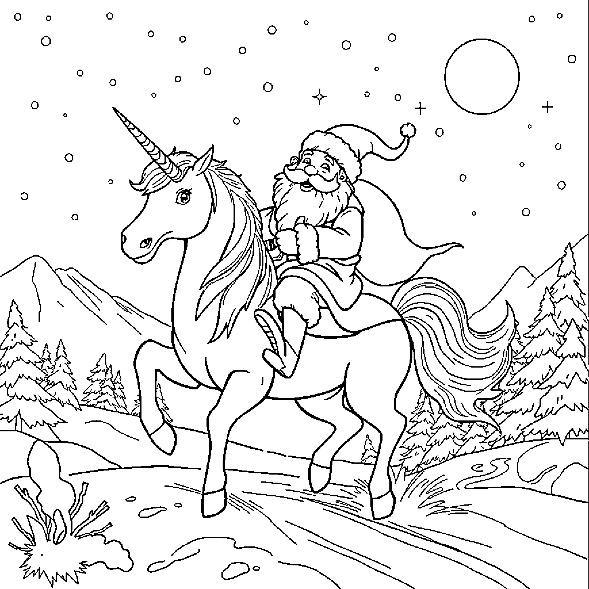 Santa riding a unicorn in a winter wonderland Coloring Page (free black-and-white line drawing printable PDF for all, from beginners to advanced learners, including children, teens, adults, and seniors)