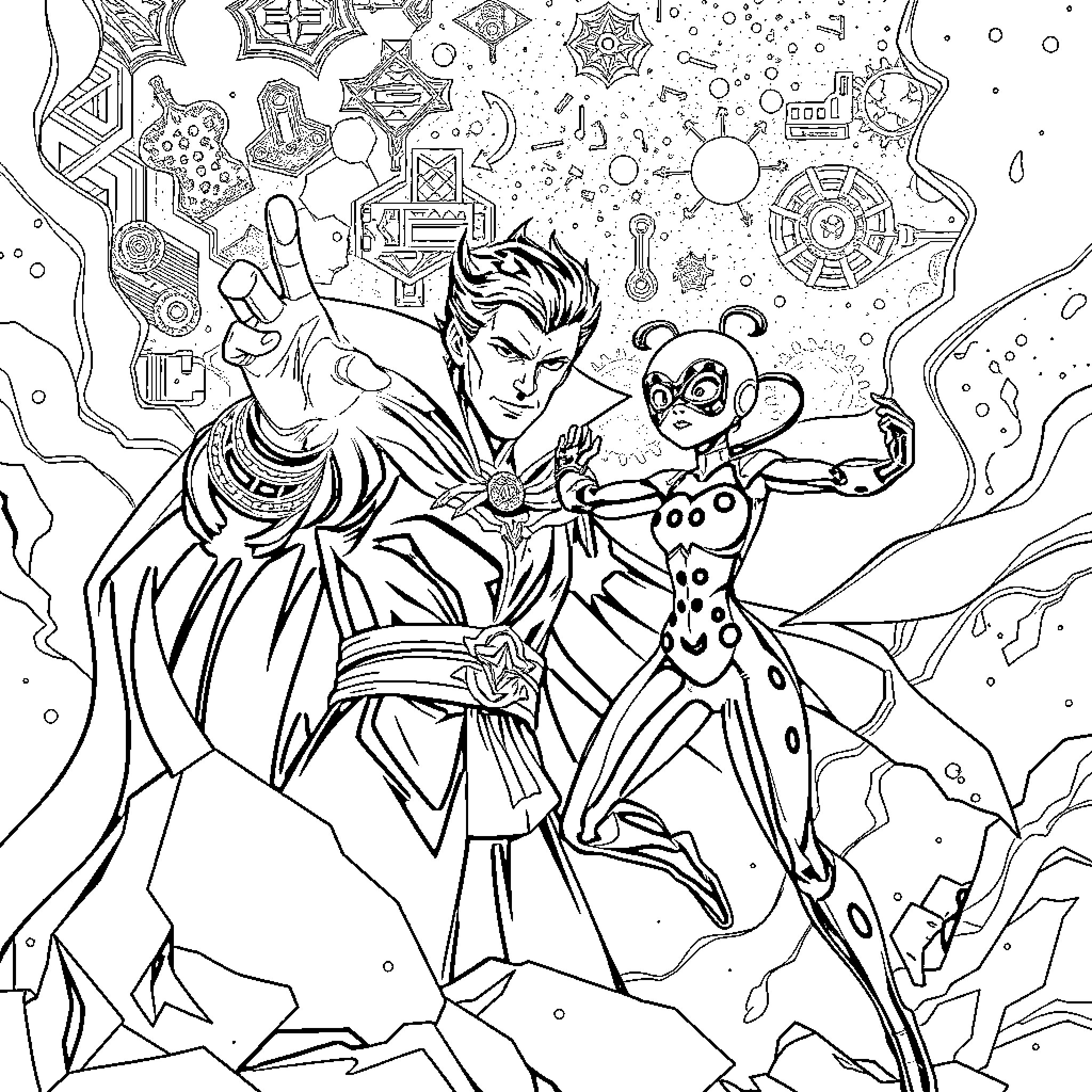 Dr. Strange and Shuri battle cosmic forces Coloring Page (free black-and-white line drawing printable PDF for all, from beginners to advanced learners, including children, teens, adults, and seniors)