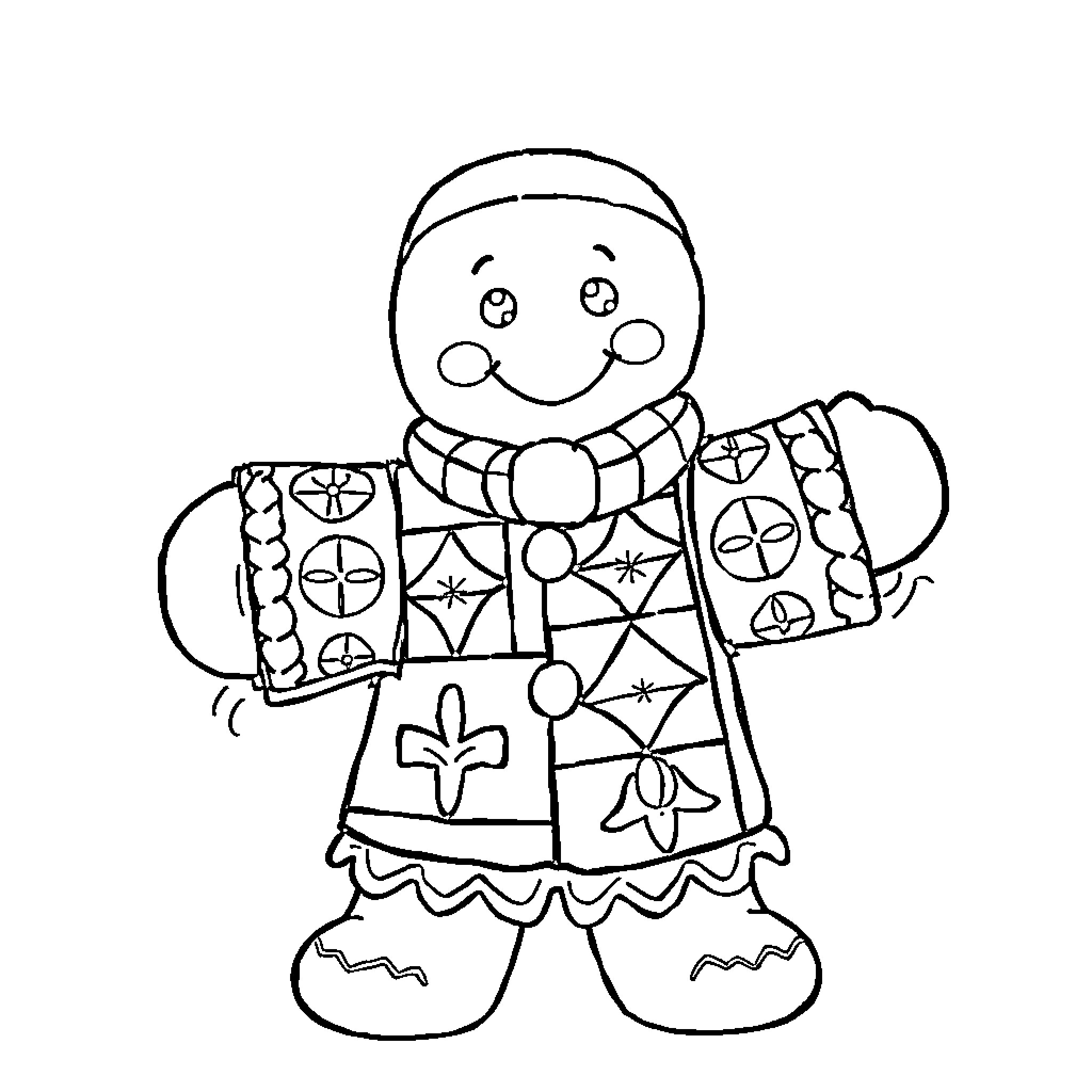 Gingerbread Man in Festive Attire Coloring Page (free black-and-white line drawing printable PDF for all, from beginners to advanced learners, including children, teens, adults, and seniors)