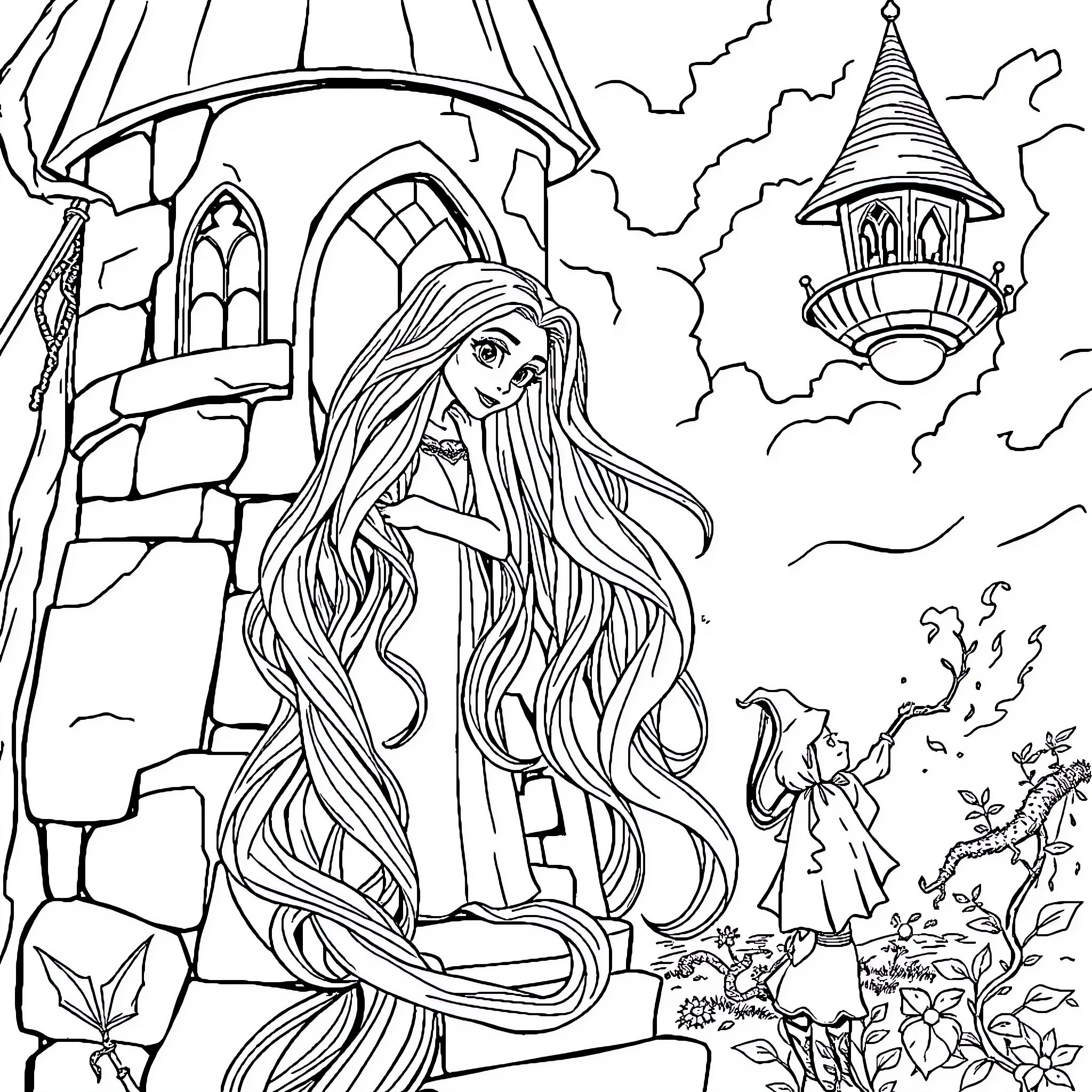 Tangled Figure in Enchanted Castle Surroundings Coloring Page (free black-and-white line drawing printable PDF for all, from beginners to advanced learners, including children, teens, adults, and seniors)