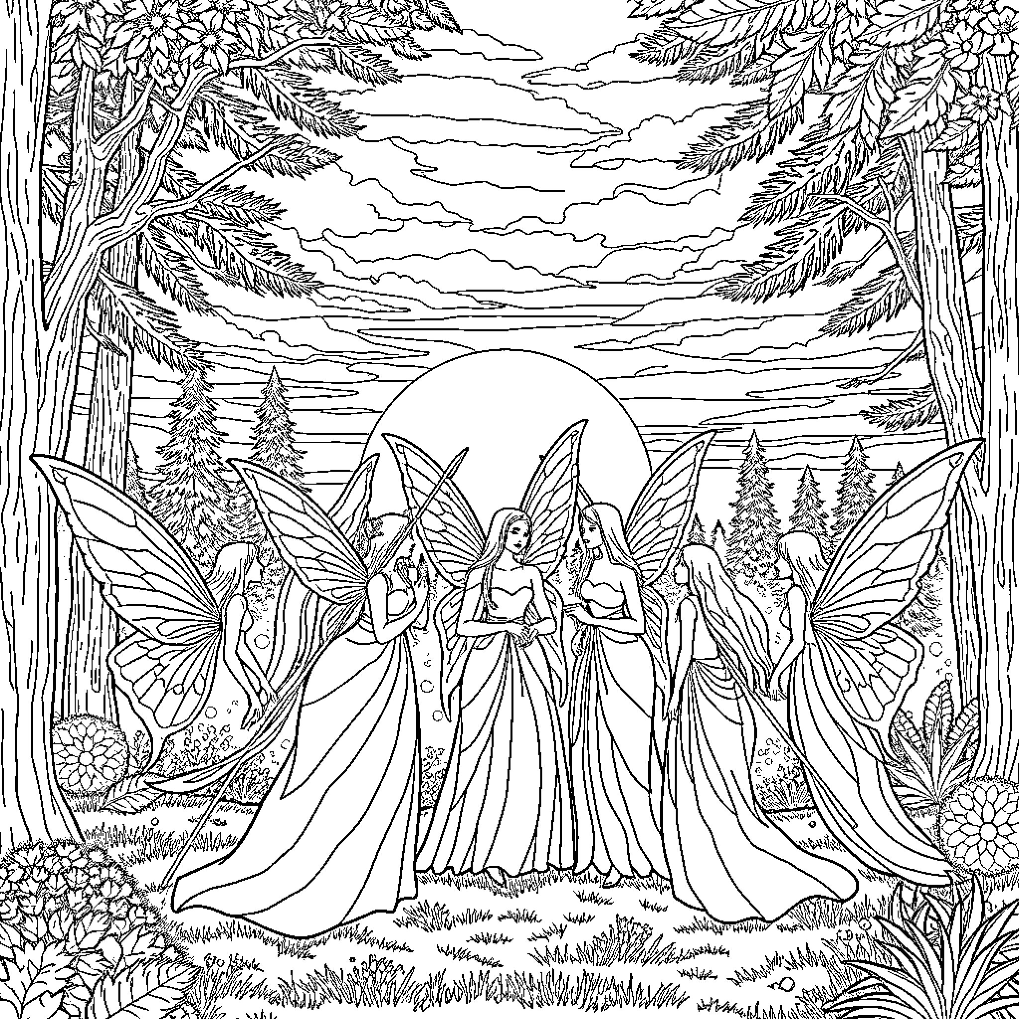 Fairy Godmother's Enchanting Gathering in the Enchanted Forest Coloring Page (free black-and-white line drawing printable PDF for all, from beginners to advanced learners, including children, teens, adults, and seniors)