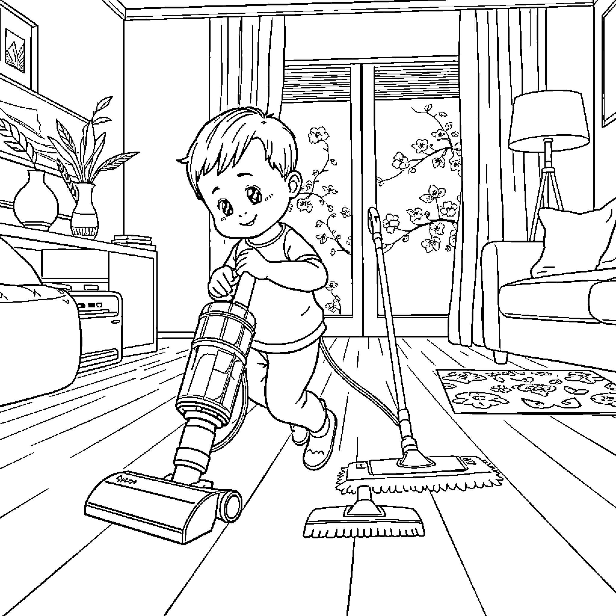 Vacuum Cleaning with Joy in the Home Coloring Page (free black-and-white line drawing printable PDF for all, from beginners to advanced learners, including children, teens, adults, and seniors)