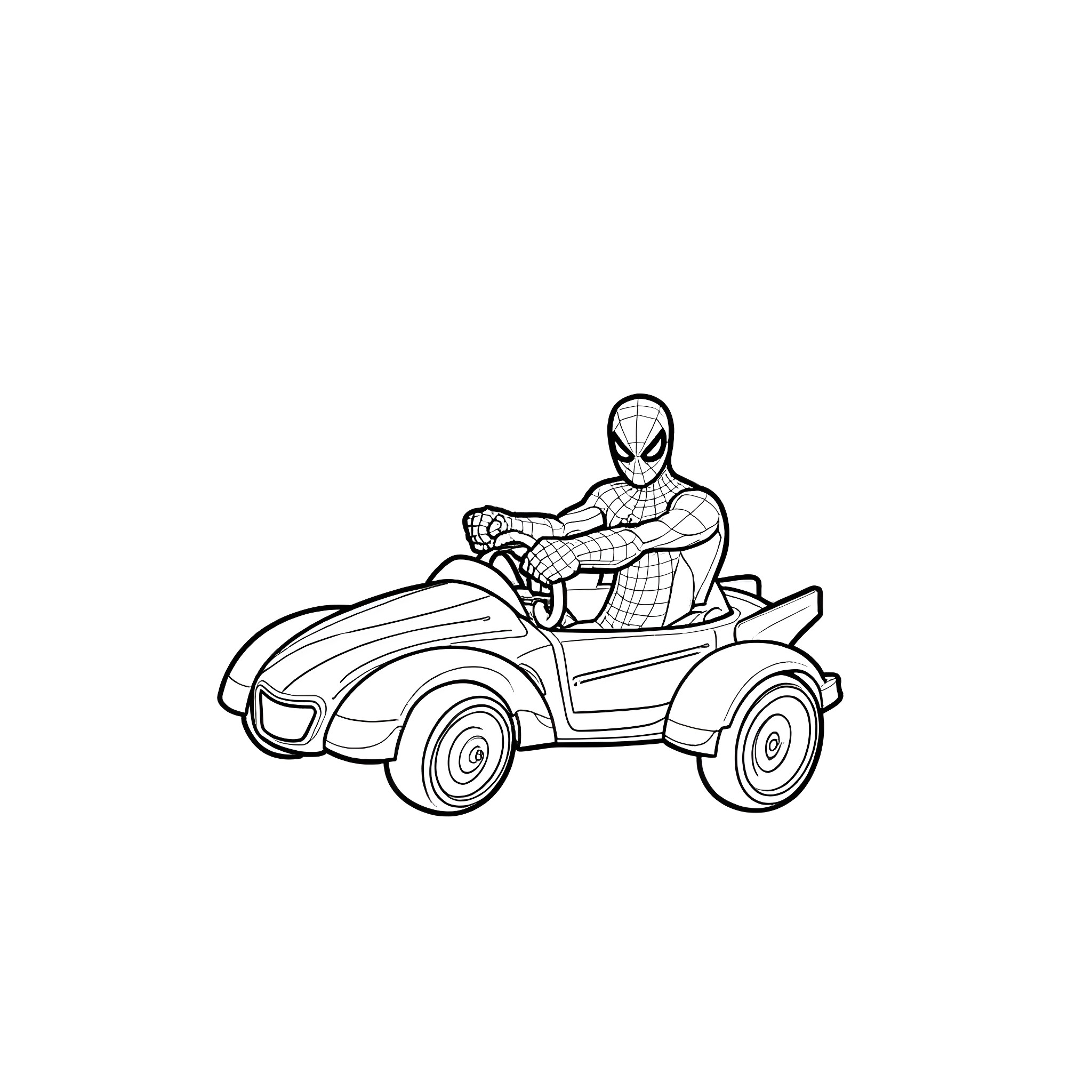 Spiderman driving a toy car with excitement Coloring Page (free black-and-white line drawing printable PDF for all, from beginners to advanced learners, including children, teens, adults, and seniors)