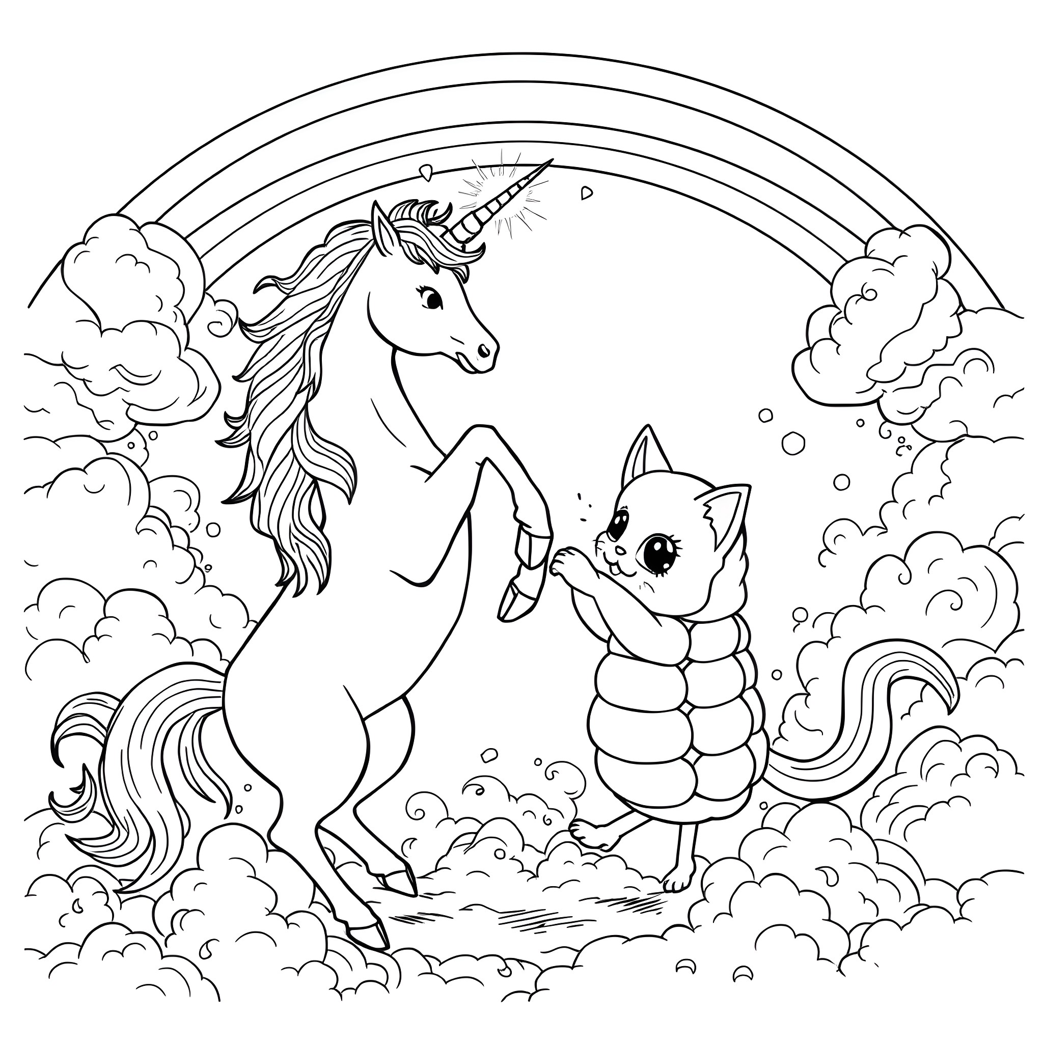 Unicorn and friendly creature playing in the clouds Coloring Page (free black-and-white line drawing printable PDF for all, from beginners to advanced learners, including children, teens, adults, and seniors)