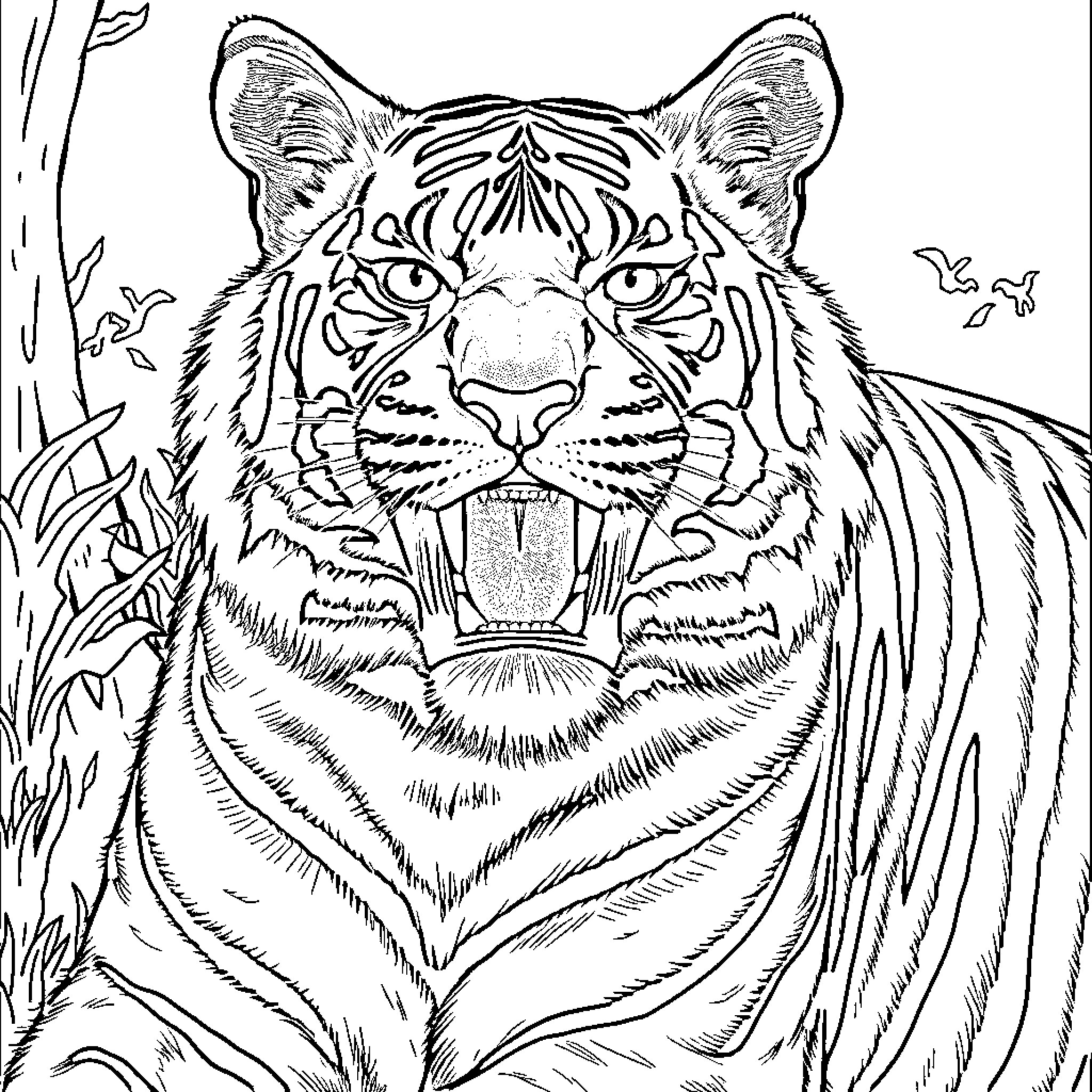 Tiger in the Wilderness Coloring Page (free black-and-white line drawing printable PDF for all, from beginners to advanced learners, including children, teens, adults, and seniors)