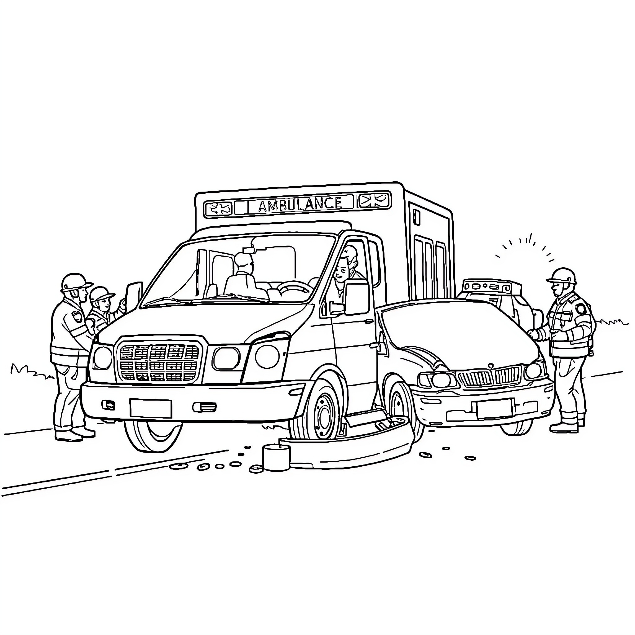 Ambulance responding to emergency scene with emergency personnel Coloring Page (free black-and-white line drawing printable PDF for all, from beginners to advanced learners, including children, teens, adults, and seniors)