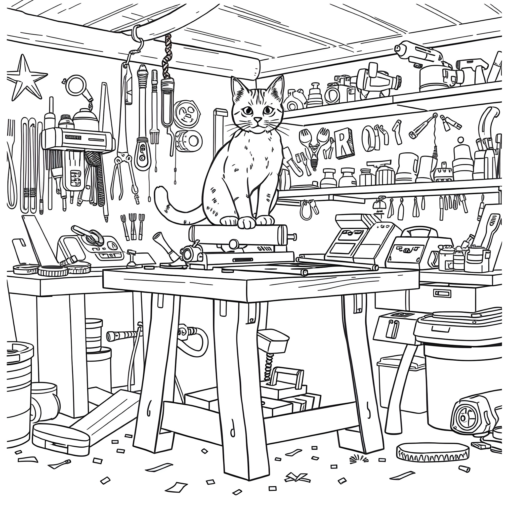 Cat exploring a cluttered workshop full of tools Coloring Page (free black-and-white line drawing printable PDF for all, from beginners to advanced learners, including children, teens, adults, and seniors)